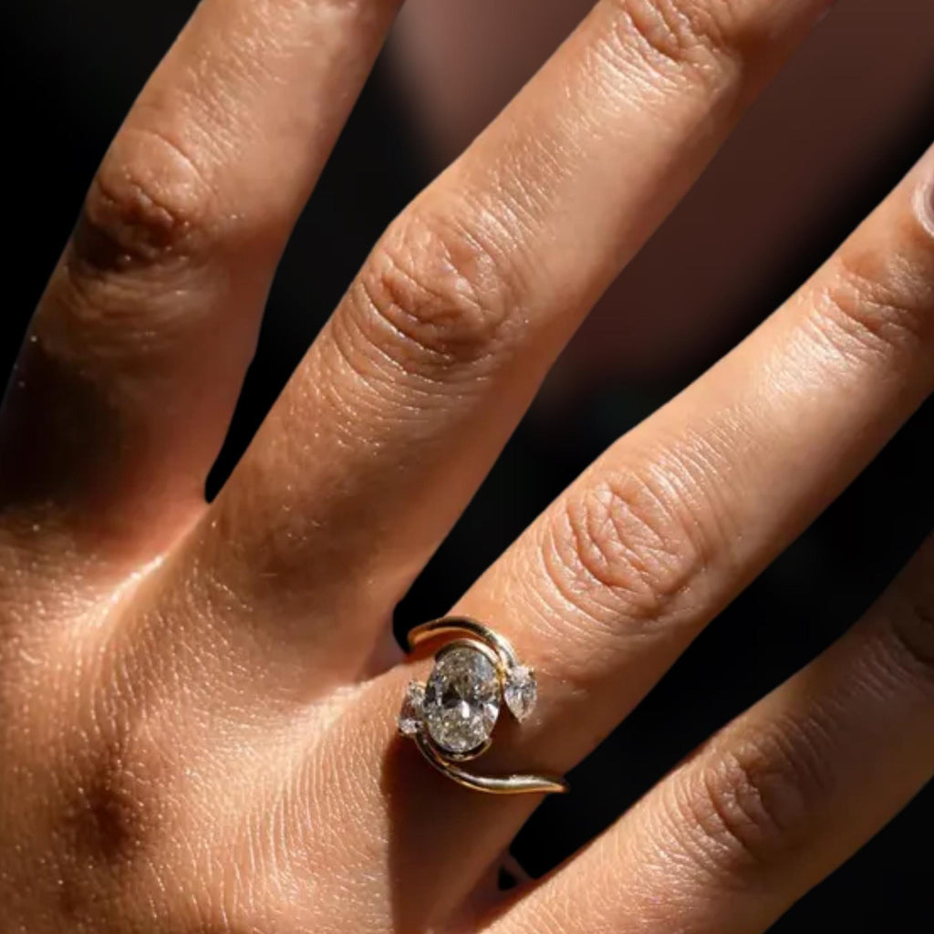 14K Gold Oval Shape Lab Grown Diamond Three Stone Engagement Ring