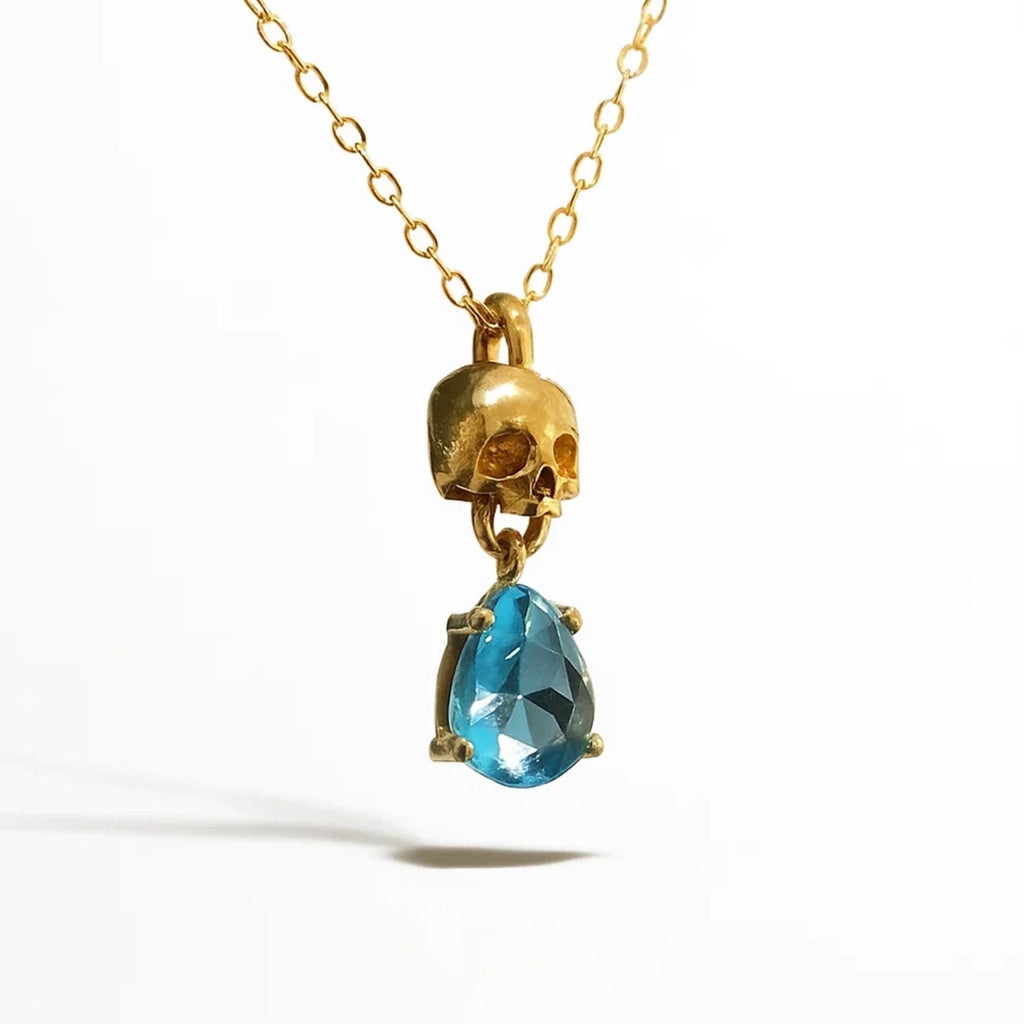 Memento Mori Birthstone Necklace, 14K Gold Skull, Minimalist Skull Necklace