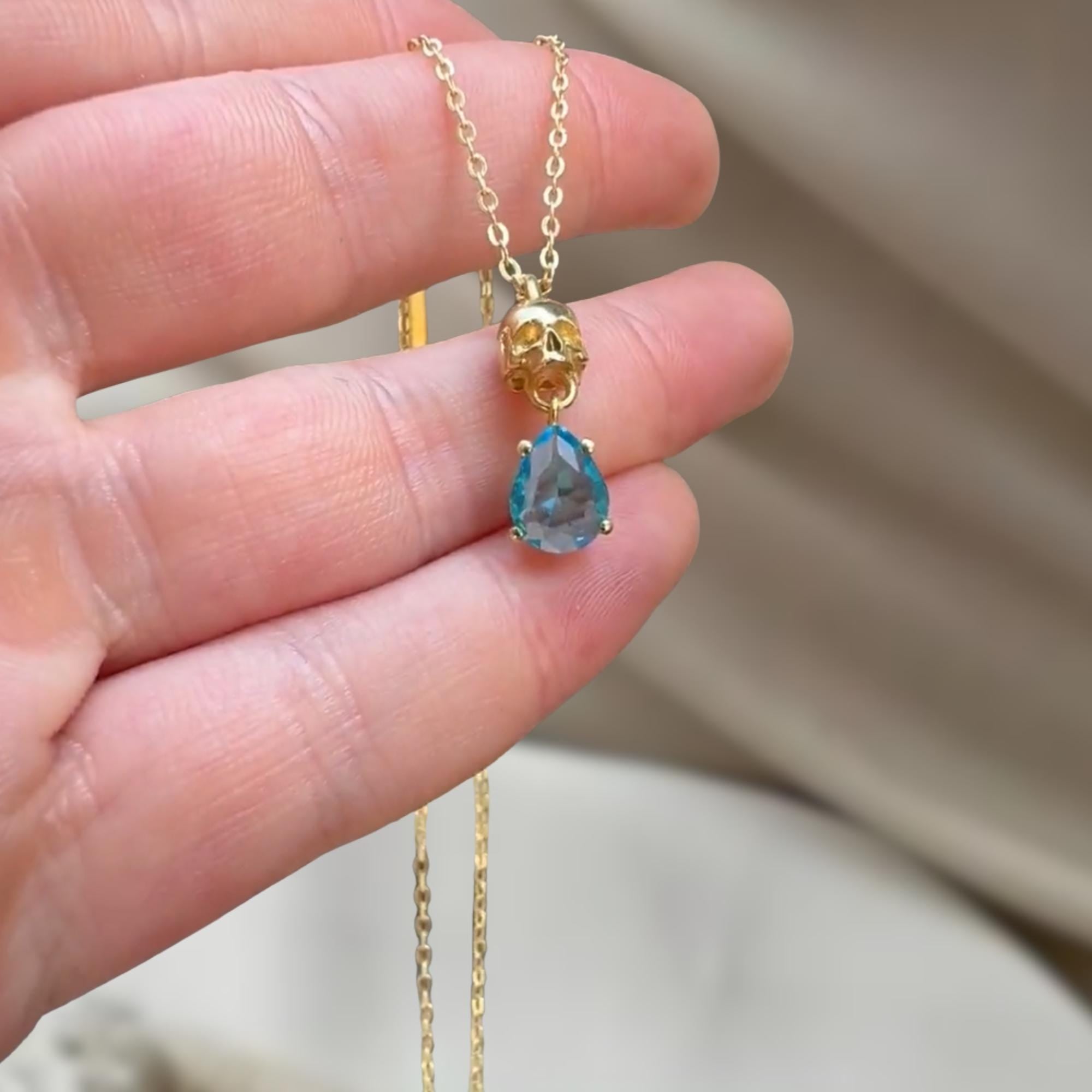 Memento Mori Birthstone Necklace, 14K Gold Skull, Minimalist Skull Necklace