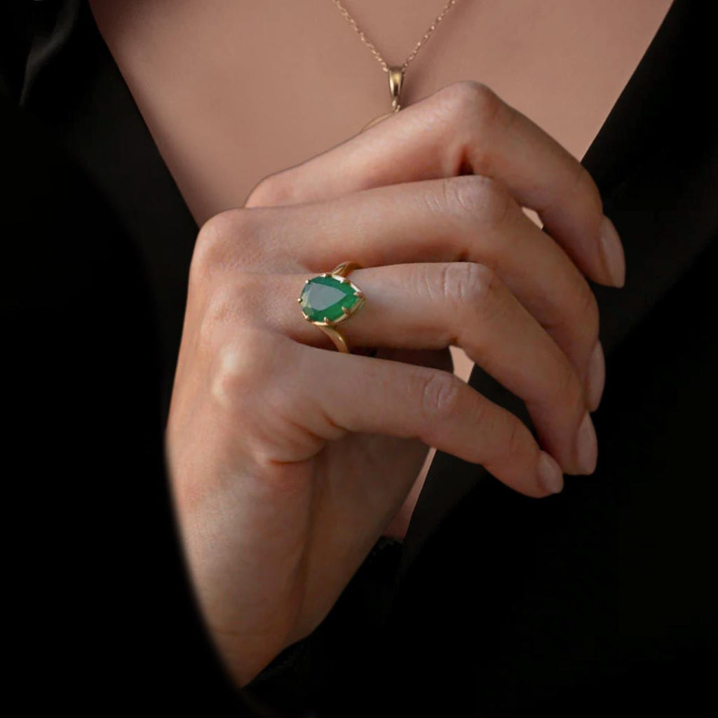 Pear Cut Emerald solitaire ring for women, Green Emerald Ring in 14K Solid Gold