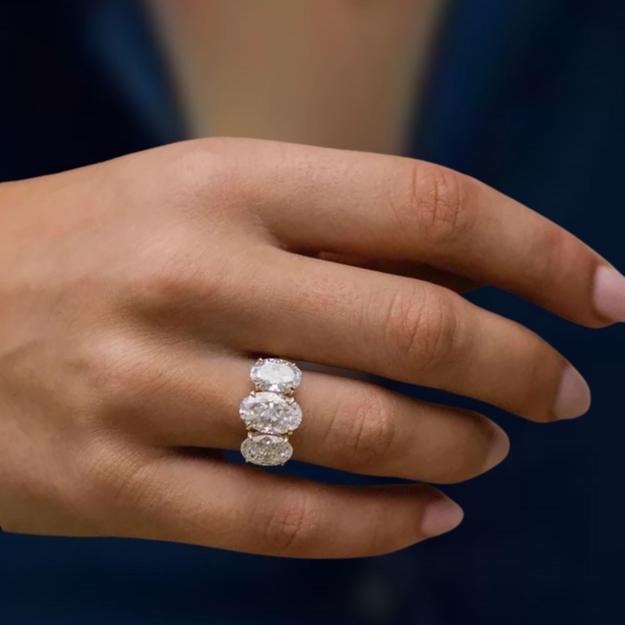 Three Stone Oval Lab Grown Diamond Engagement Ring in 14K Solid Gold