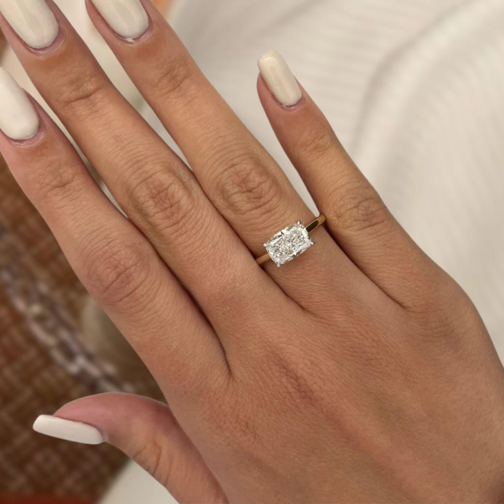 2 CT Elongated Cushion East West Engagement Ring / Cushion Lab Grown Diamond / Solitaire Two Tone Ring