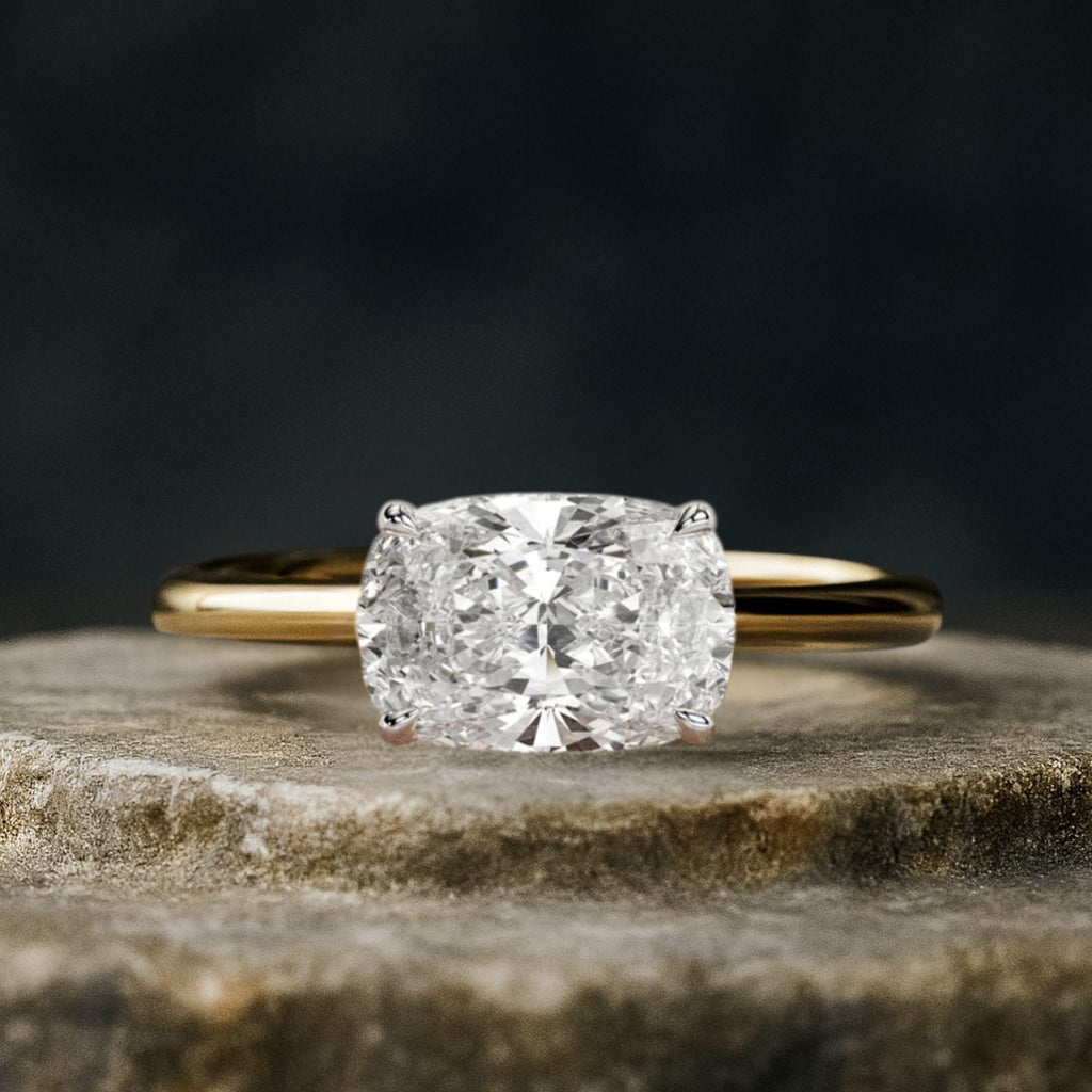 2 CT Elongated Cushion East West Engagement Ring / Cushion Lab Grown Diamond / Solitaire Two Tone Ring