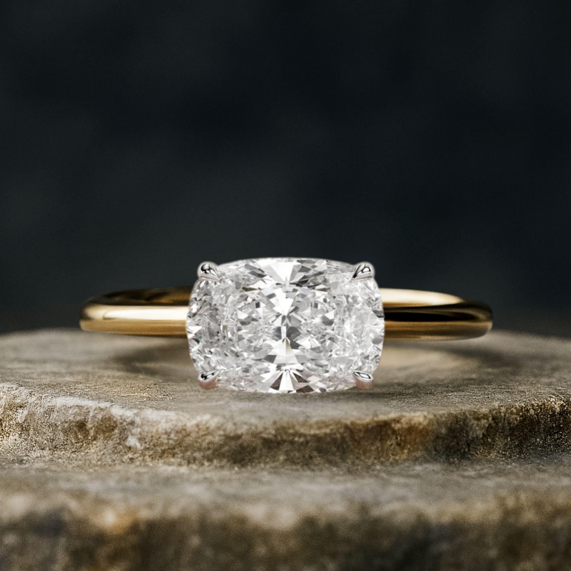 2 CT Elongated Cushion East West Engagement Ring / Cushion Lab Grown Diamond / Solitaire Two Tone Ring
