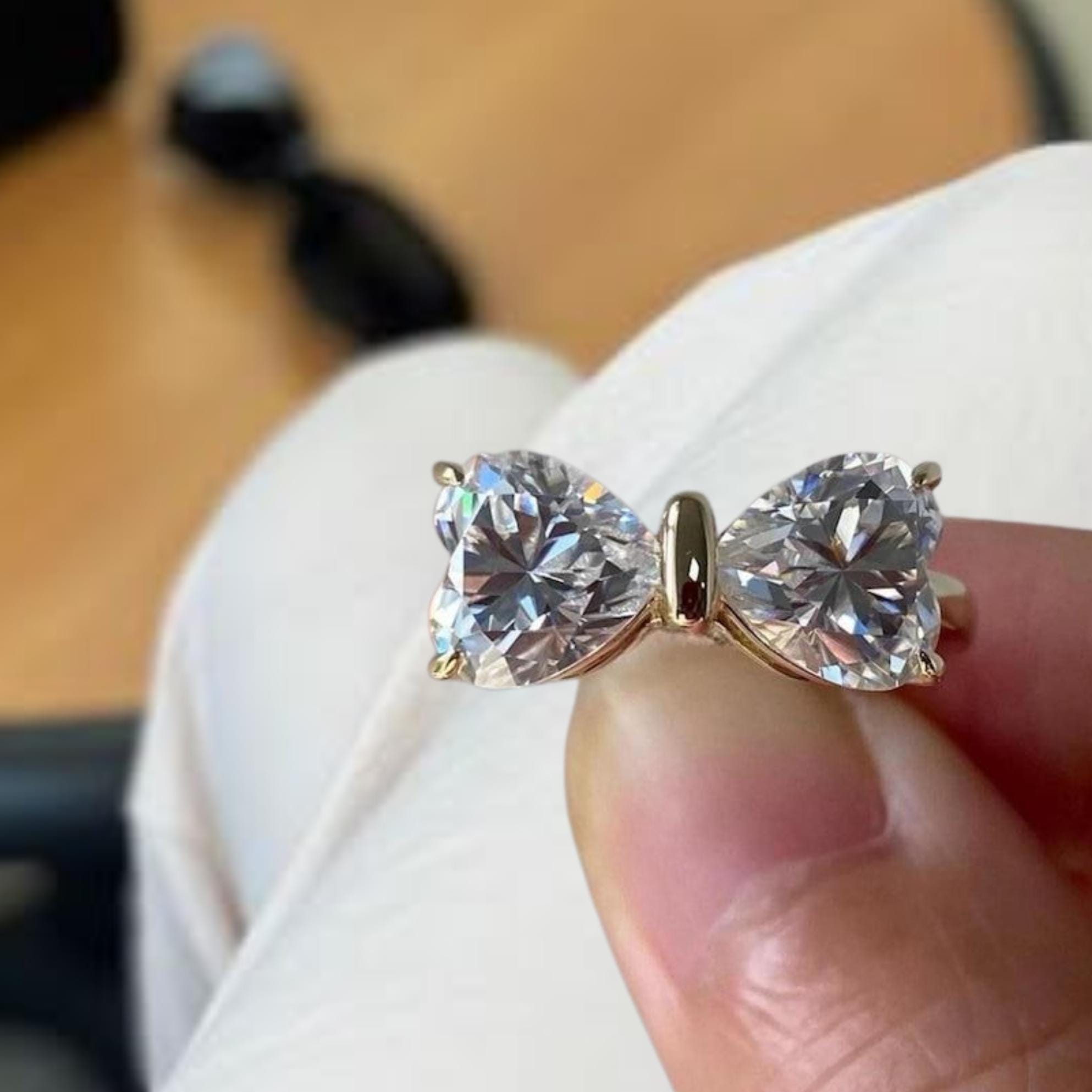 Amazing Bow Diamond Ring, Lab Heart Diamond Engagement Ring In 14K Yellow Gold Band