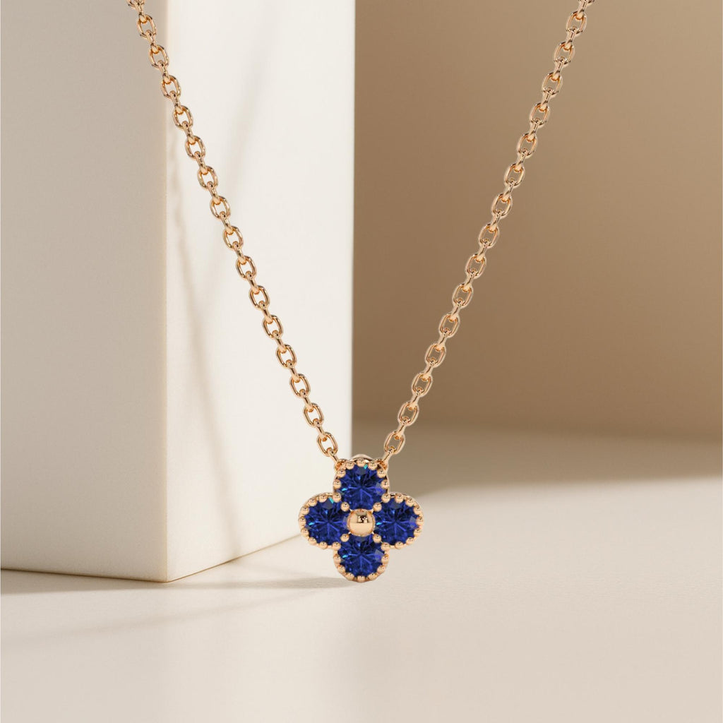 14K Solid Gold 0.18 ctw Sapphire Flower Pendant Necklace