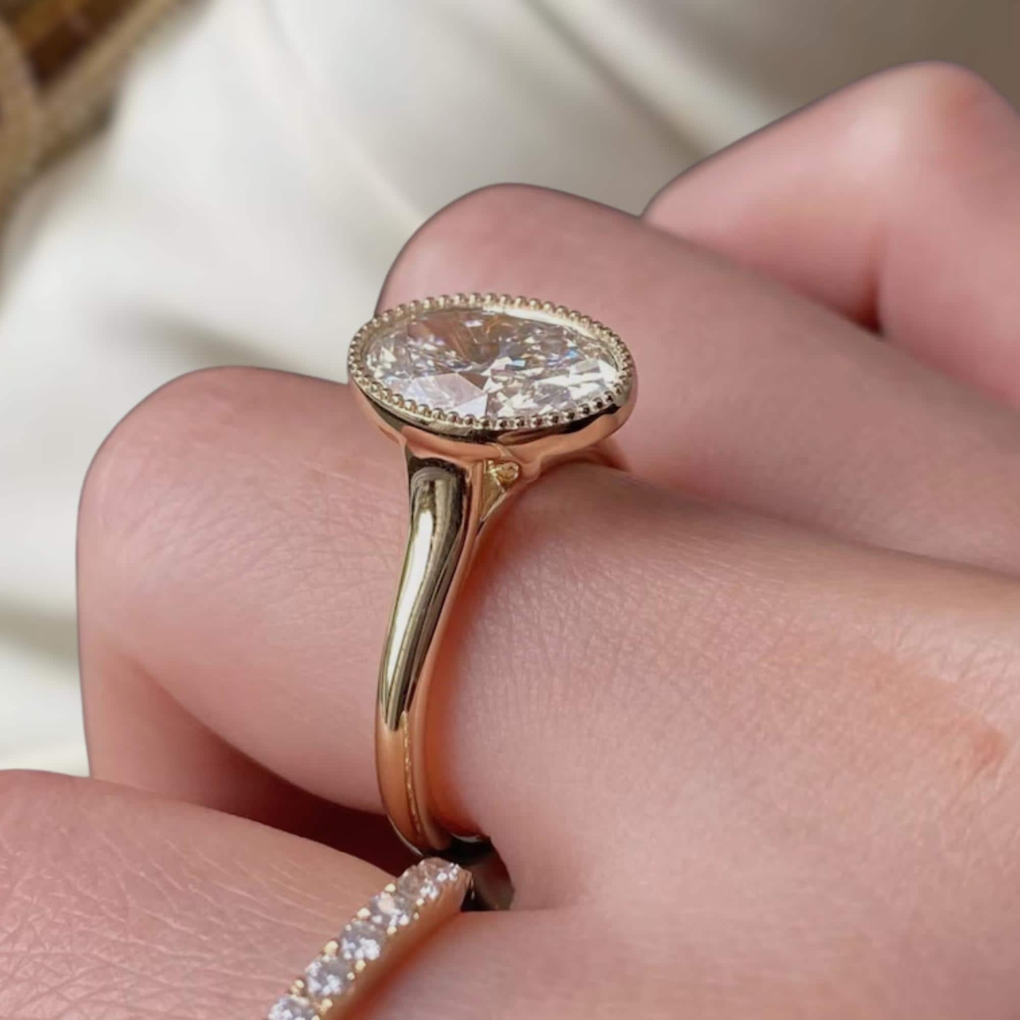 Oval Cut Lab Grown Diamond Engagement Ring | 14K Solid Gold Bezel Set Milgrain Band Wedding Anniversary Solitaire Ring For Women