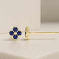 14K Solid Gold Dainty Blue Sapphire Flower Clover Stud Earrings