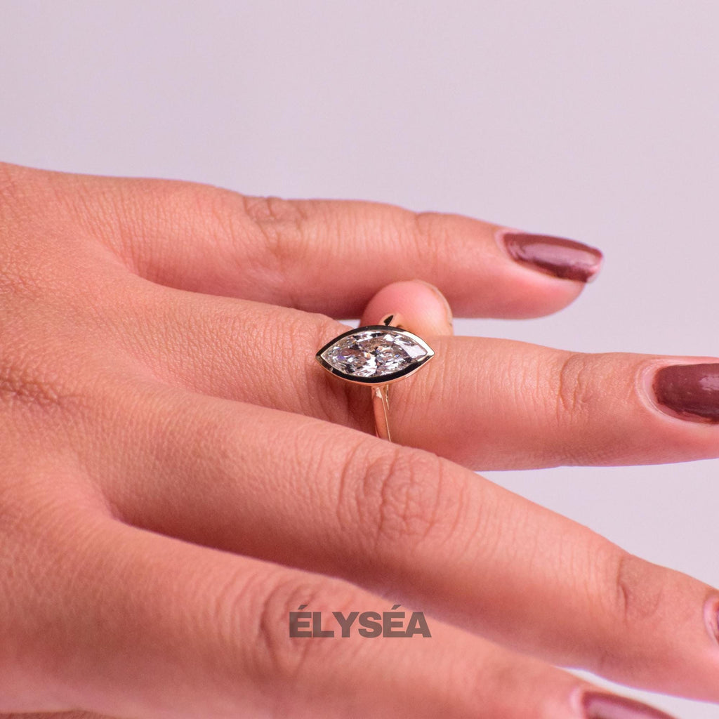 14K Gold Marquise Lab Created Diamond Bezel Set Ring / Split Shank Engagement Ring