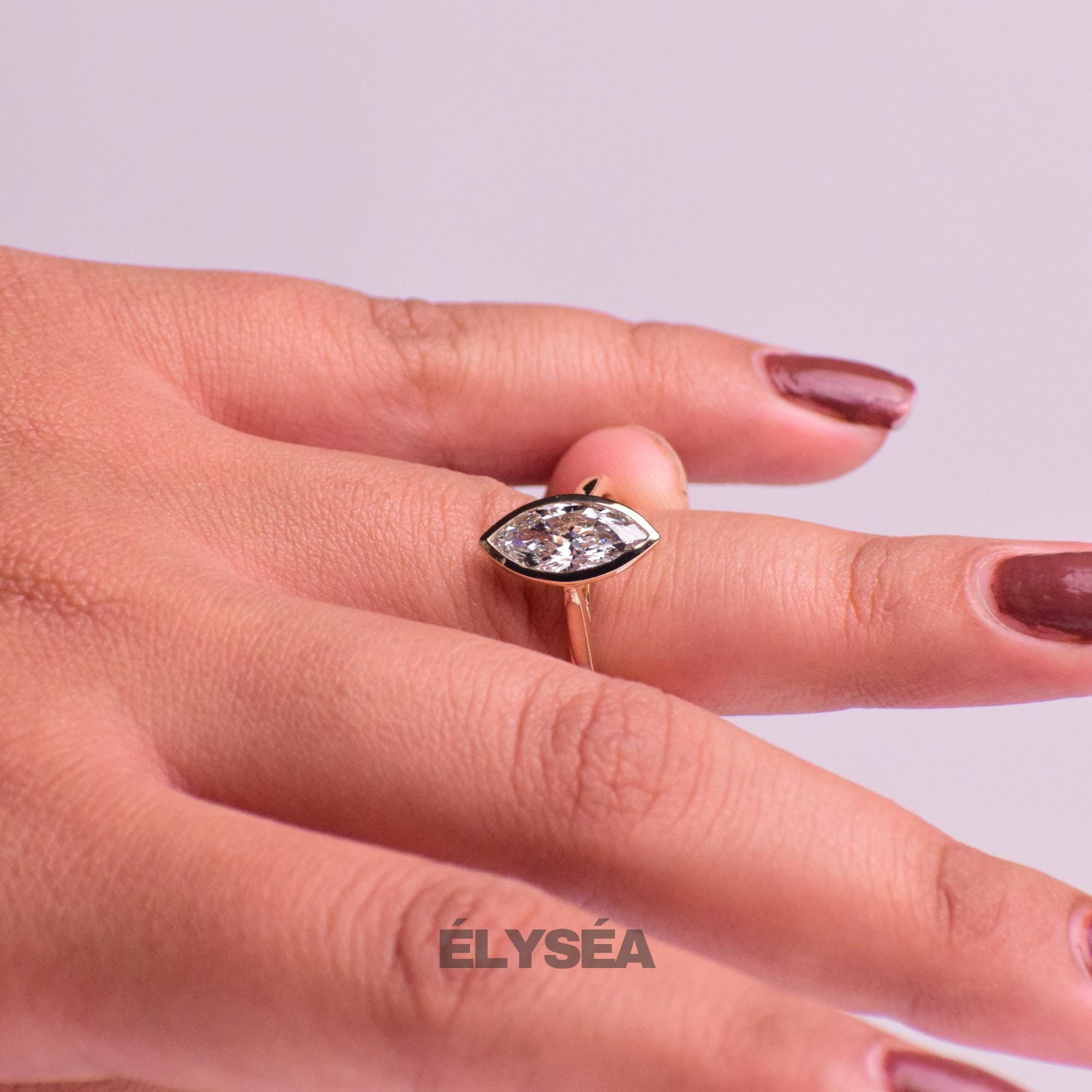 14K Gold Marquise Lab Created Diamond Bezel Set Ring / Split Shank Engagement Ring