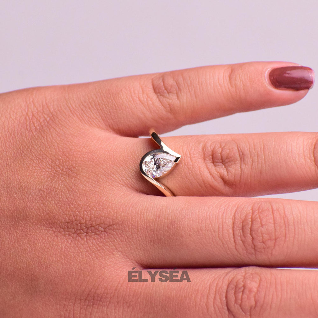 Pear Cut Lab Grown Diamond Engagement Ring, Half Bezel Wedding Ring for Women