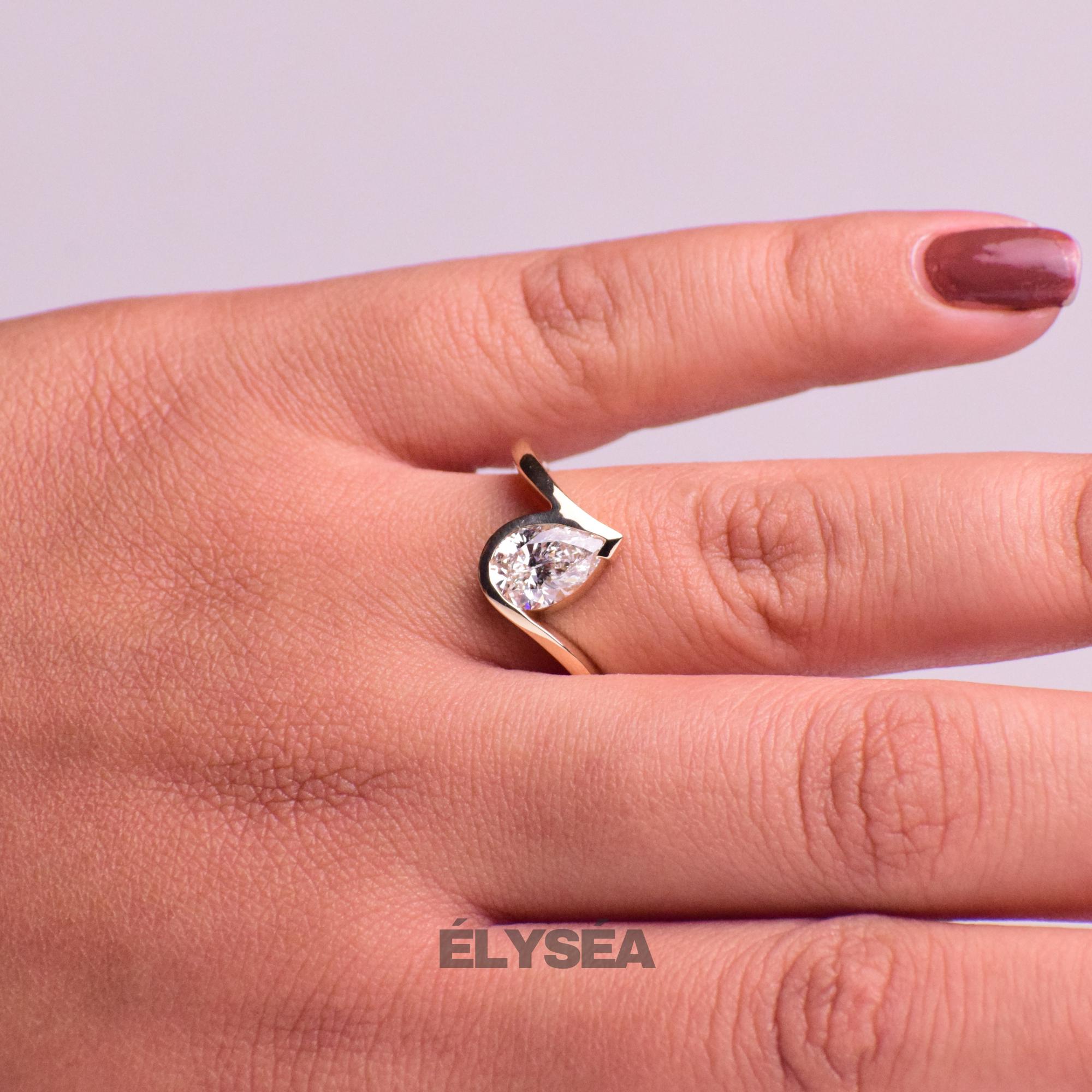 Pear Cut Lab Grown Diamond Engagement Ring, Half Bezel Wedding Ring for Women