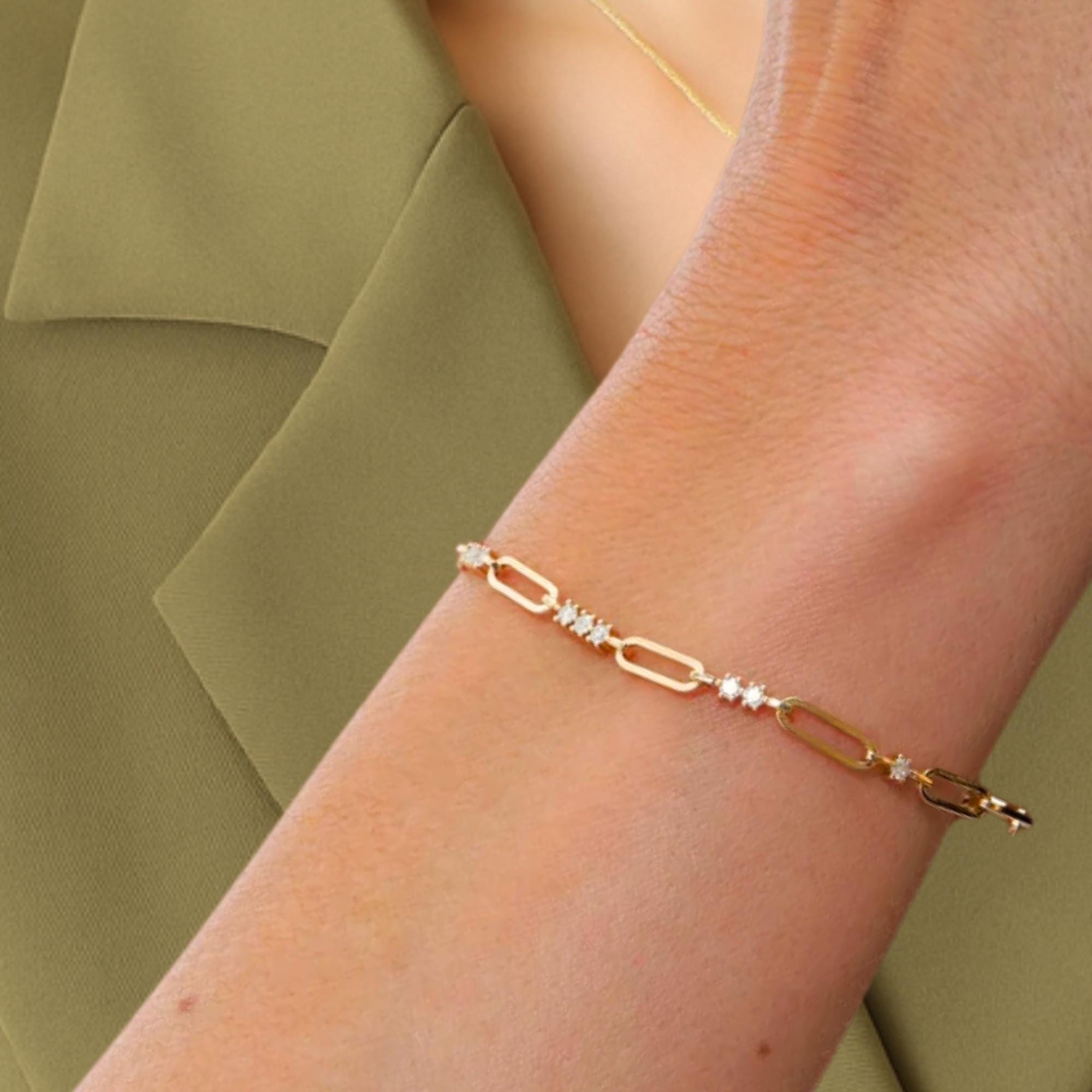 14K Gold Paperclip Diamond Bracelet | Lab Grown Diamond Paperclip Stacking Bracelet