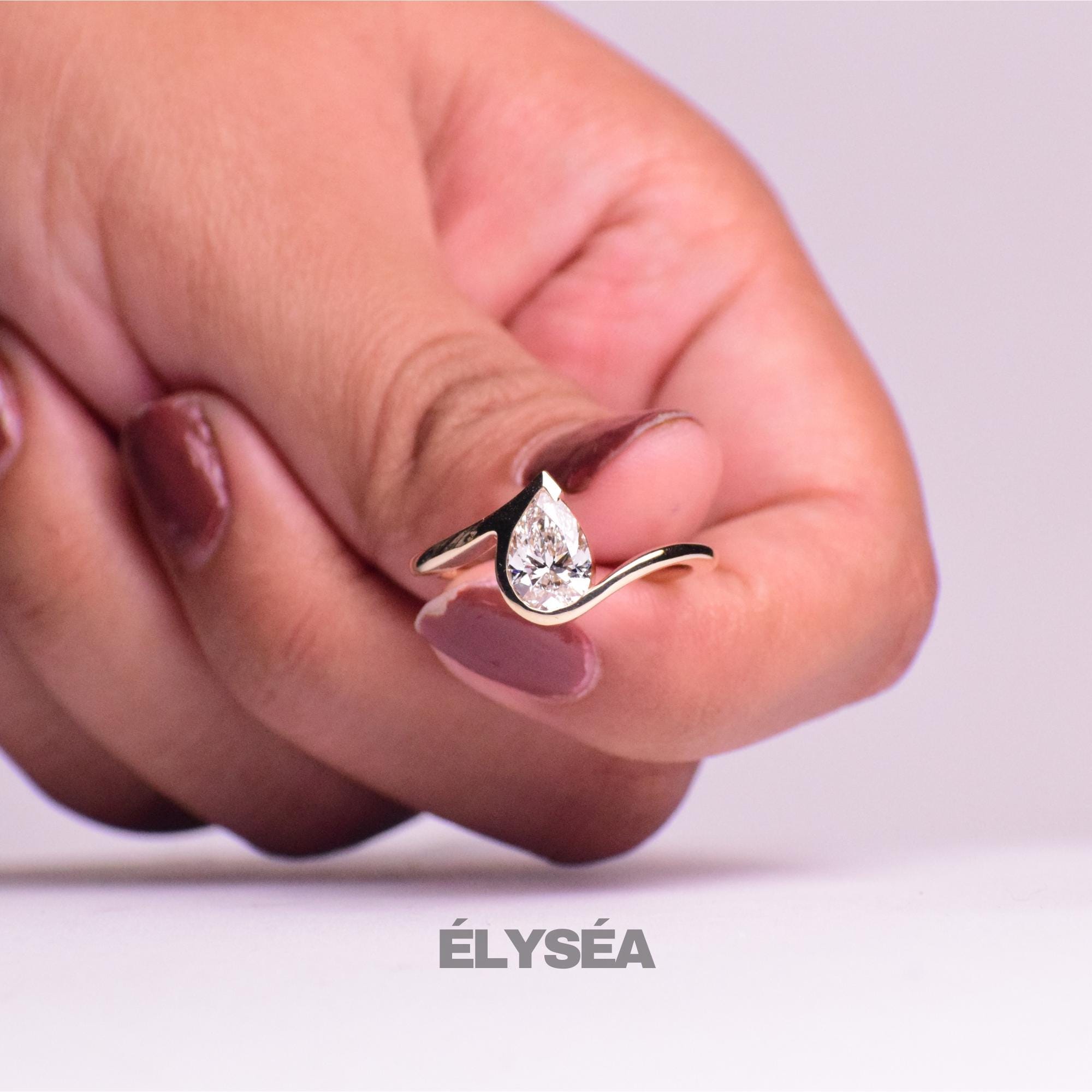 Pear Cut Lab Grown Diamond Engagement Ring, Half Bezel Wedding Ring for Women