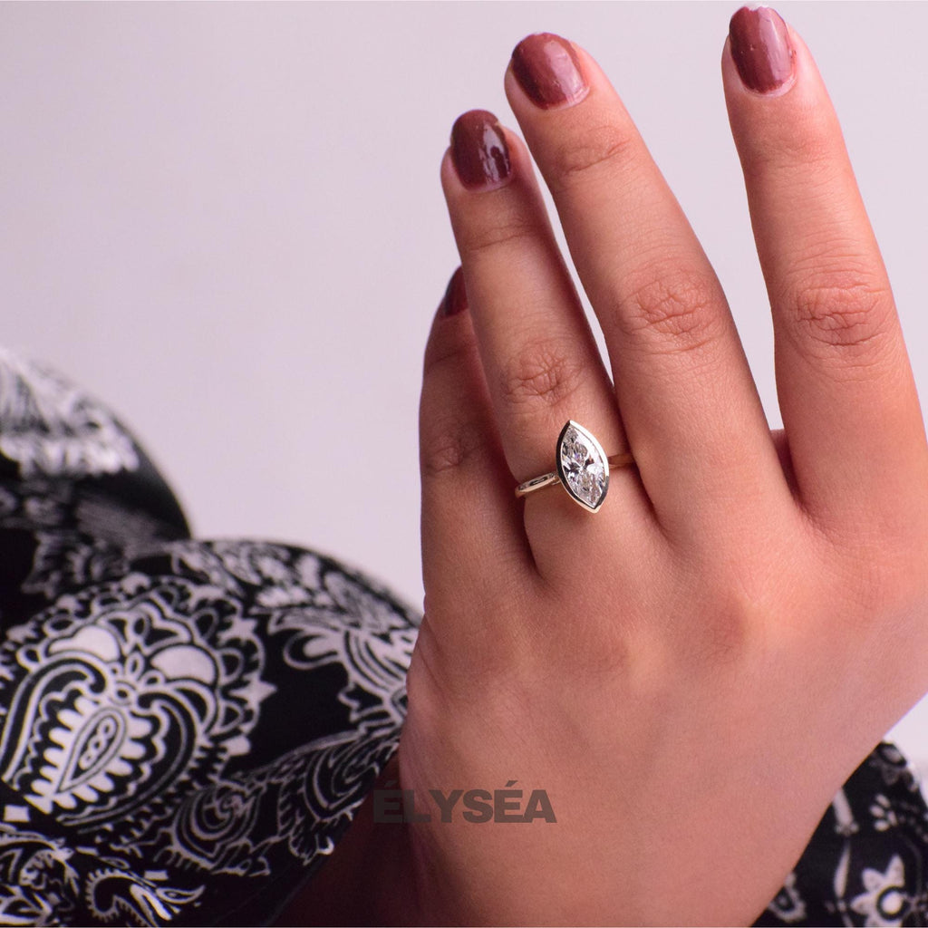 14K Gold Marquise Lab Created Diamond Bezel Set Ring / Split Shank Engagement Ring