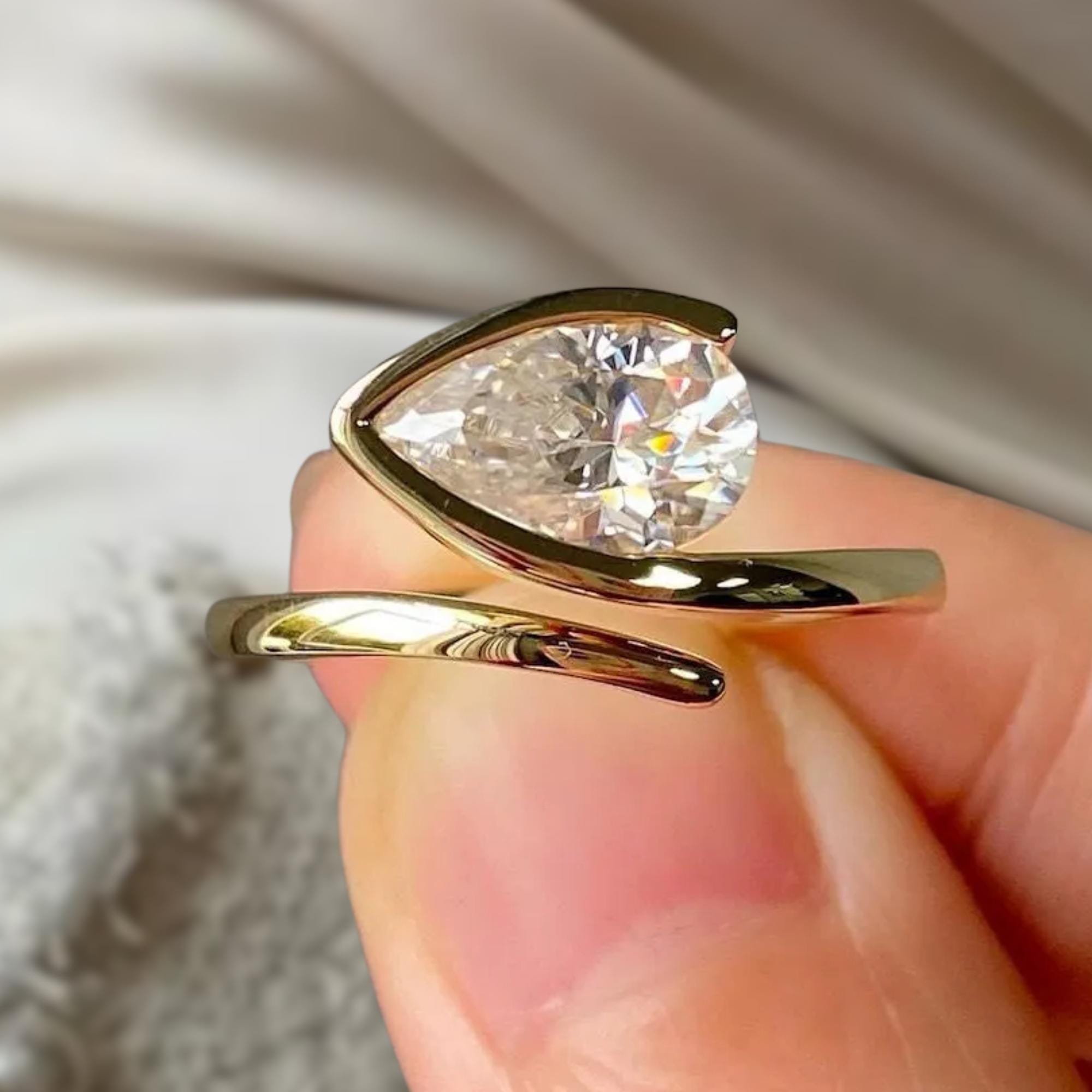 2.0 Ct East West Pear Cut Lab Grown Engagement Ring, 14K Gold Half Bezel Set Ring with Curved Antique Band
