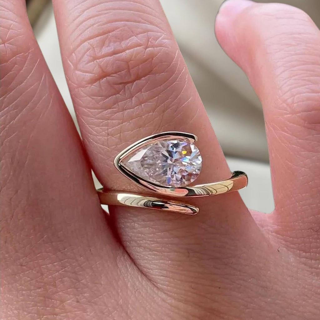 2.0 Ct East West Pear Cut Lab Grown Engagement Ring, 14K Gold Half Bezel Set Ring with Curved Antique Band