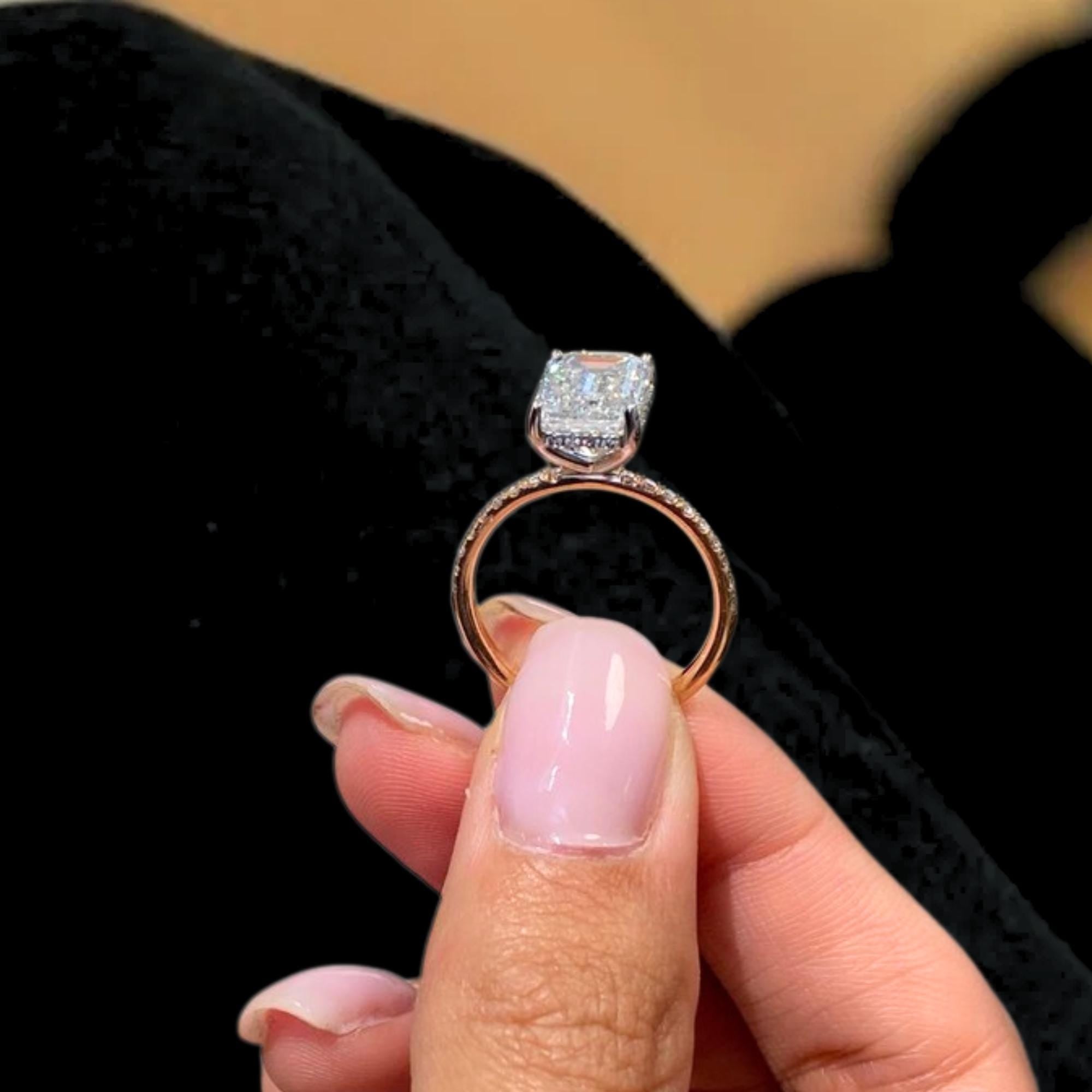 Emerald Cut Hidden Halo Diamond Engagement Ring, F/VS1 Lab Created Diamond, 14K Gold Proposal Ring for Women