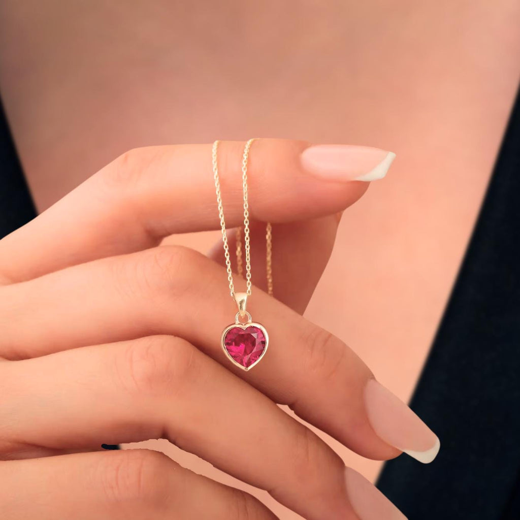 Ruby Heart Pendant with 14K Solid Gold | Bezel Necklace | Valentine’s Day Gift