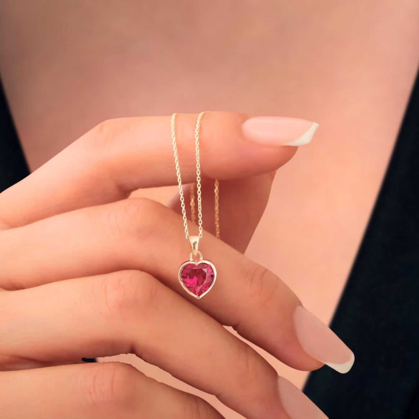 Ruby Heart Pendant with 14K Solid Gold | Bezel Necklace | Valentine’s Day Gift