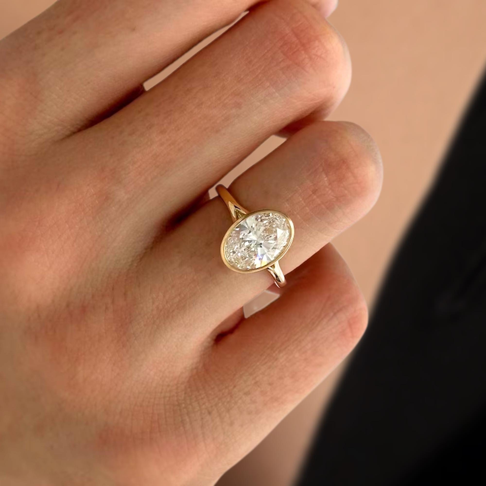 2 Carat Oval Lab Grown Diamond Solitaire Ring / Bezel Set CVD Diamond Engagement Ring