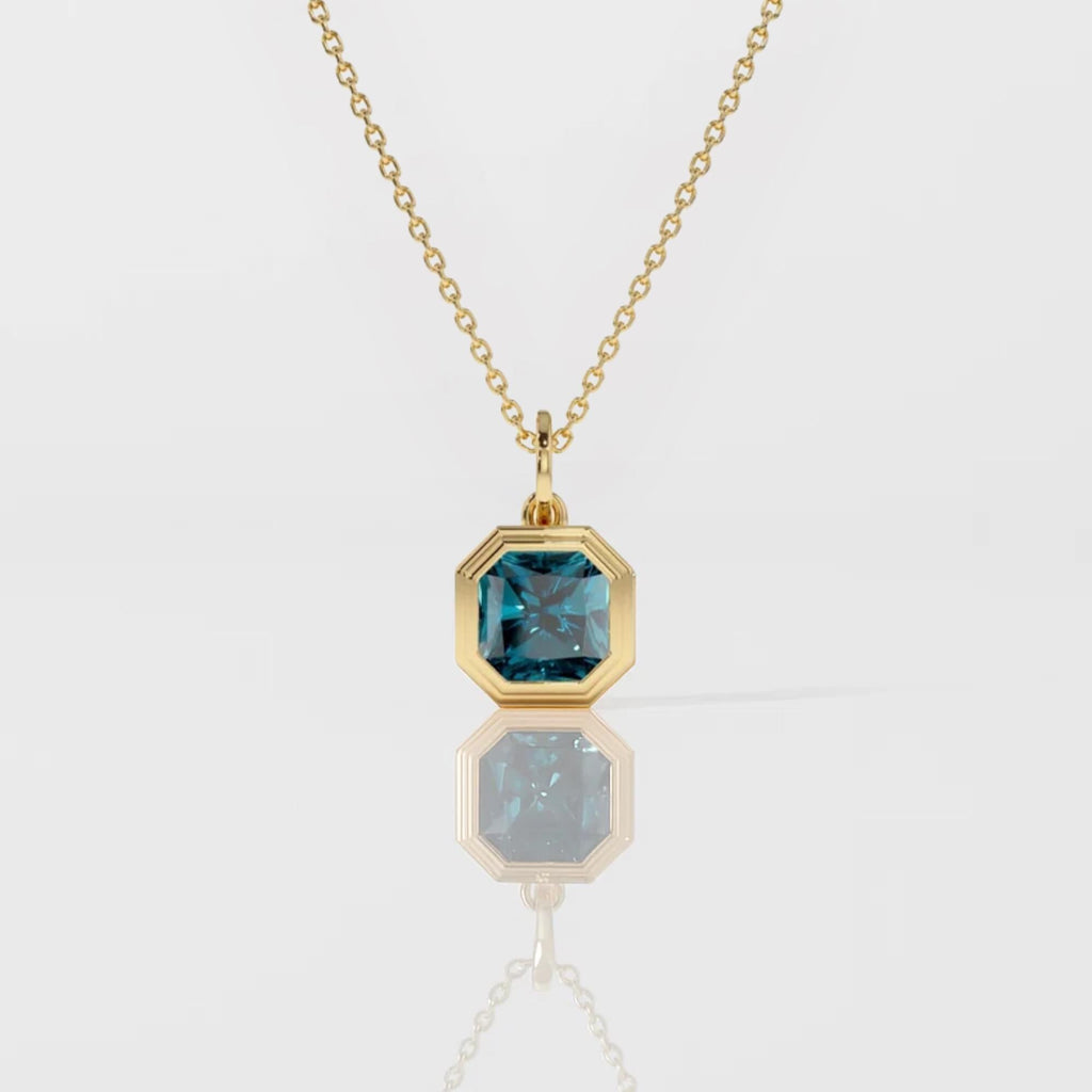 Blue Topaz Necklace | 14K Gold Asscher Cut Bezel Set Pendant  | Gift for Her