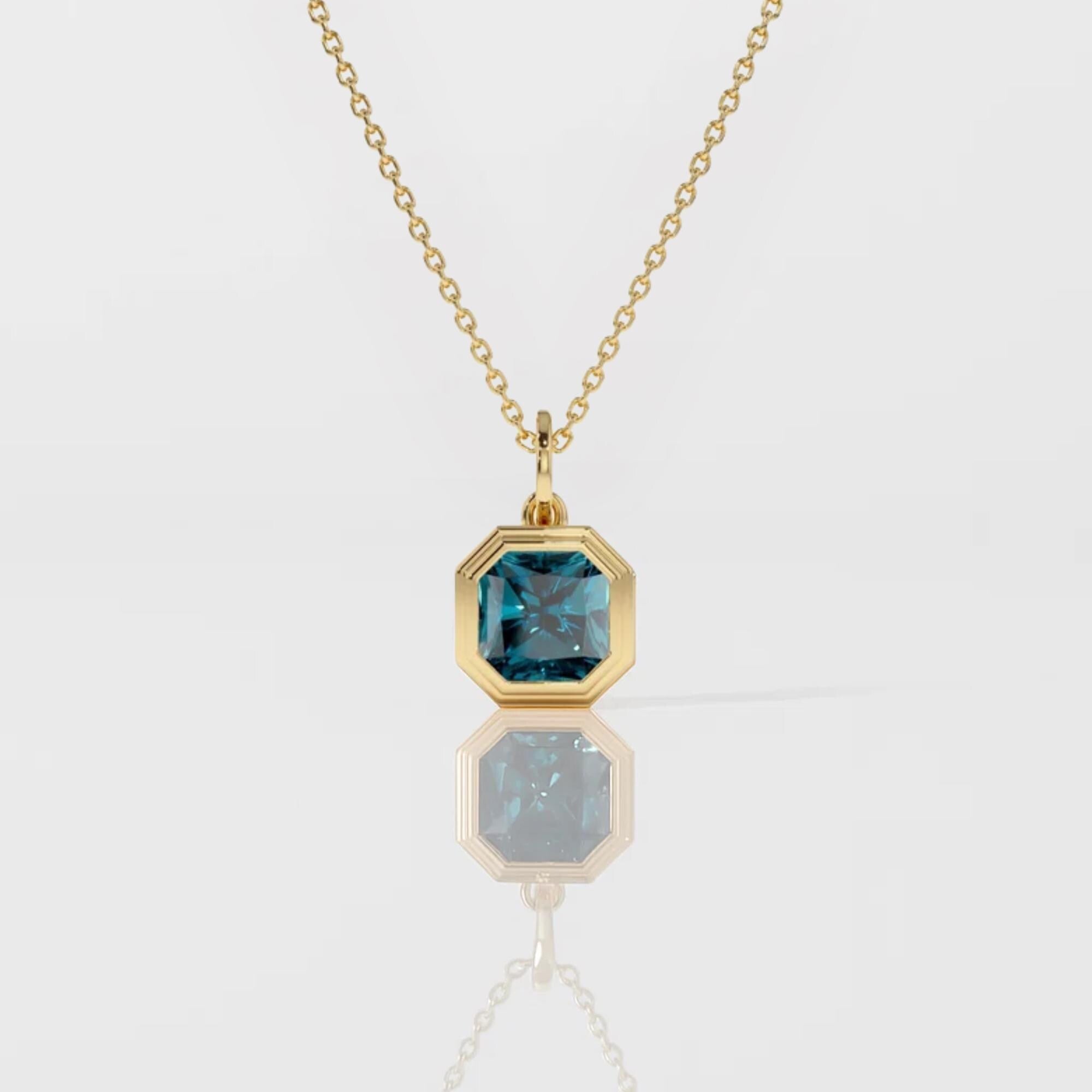 Blue Topaz Necklace | 14K Gold Asscher Cut Bezel Set Pendant  | Gift for Her