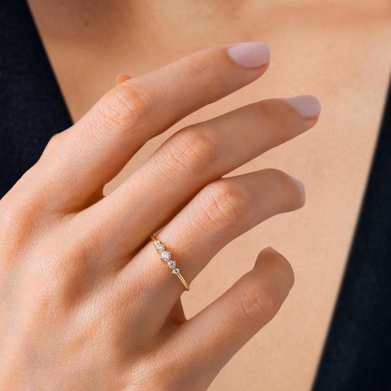 14K Minimalist Lab Grown Ring | Solid Gold 5 Stone Lab Grown Ring