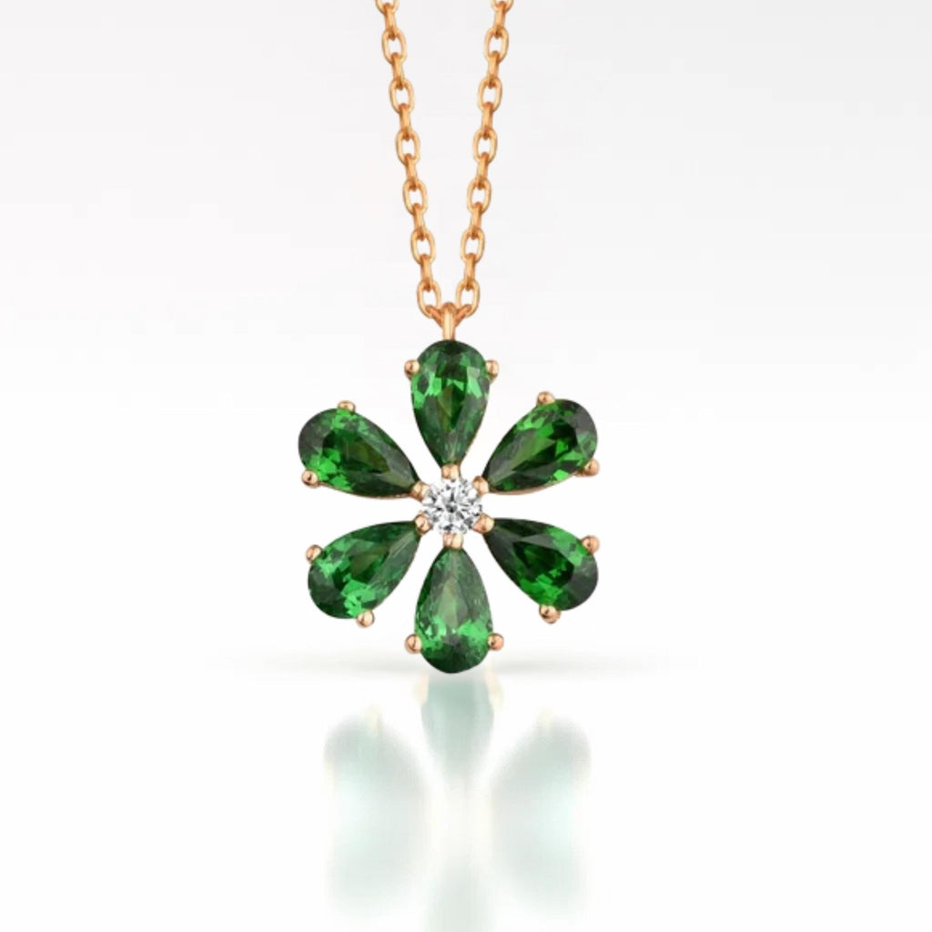 Flower Emerald Necklace with Diamond in 14K Solid Gold