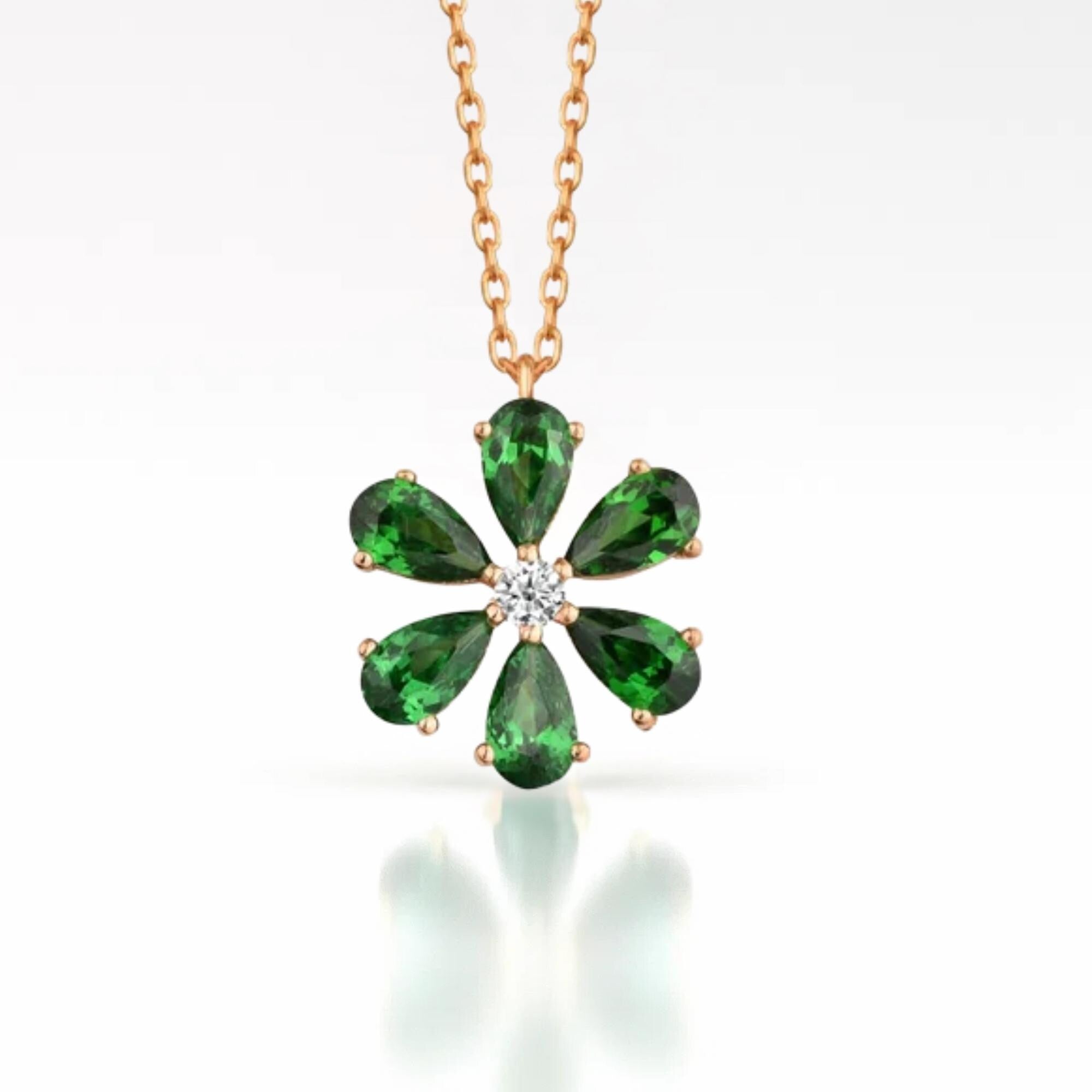 Flower Emerald Necklace with Diamond in 14K Solid Gold