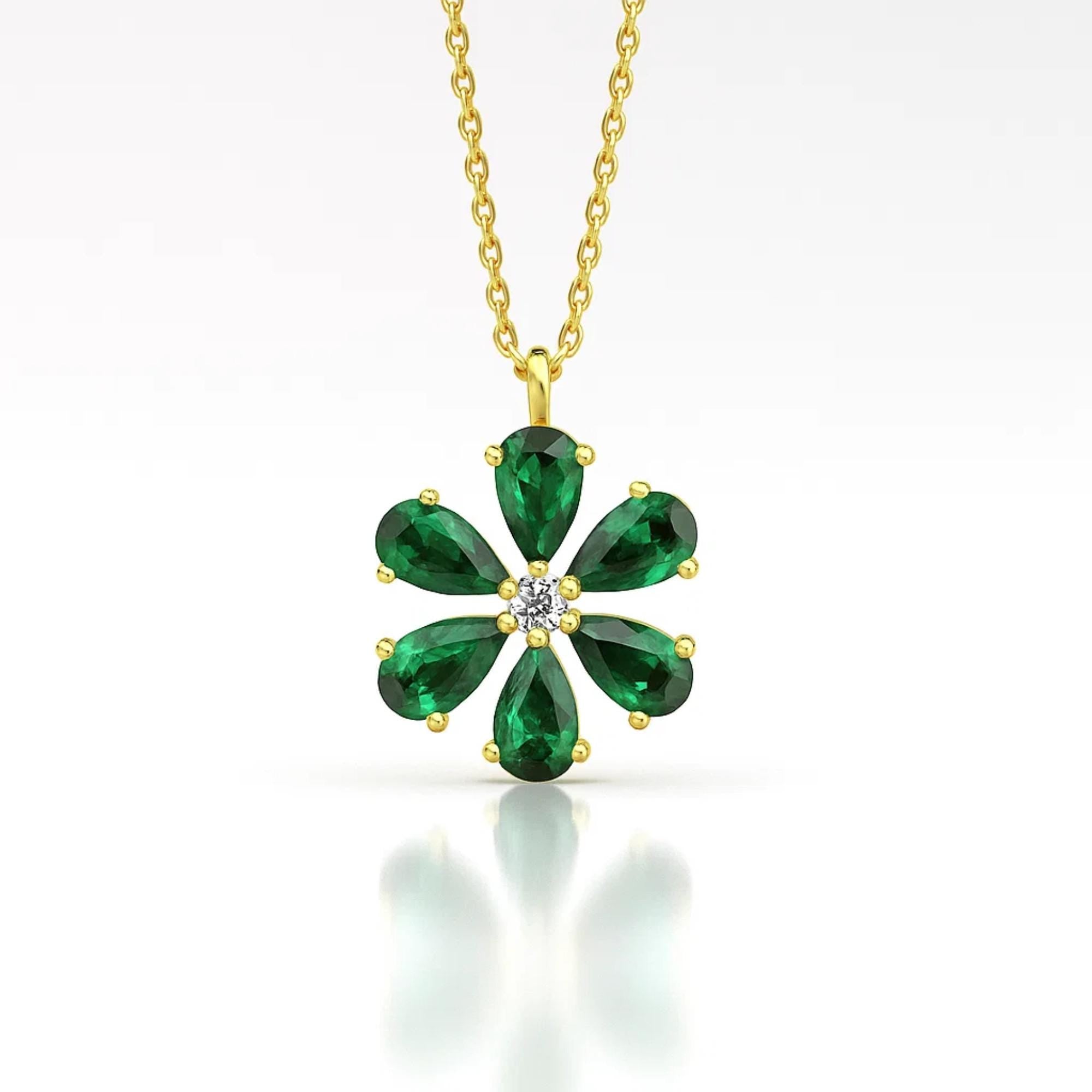 Flower Emerald Necklace with Diamond in 14K Solid Gold