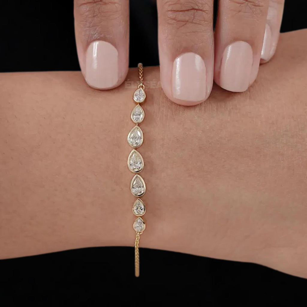 Bezel Set Pear Lab Grown Diamond Bracelet: 14K Yellow Gold Wedding Jewelry