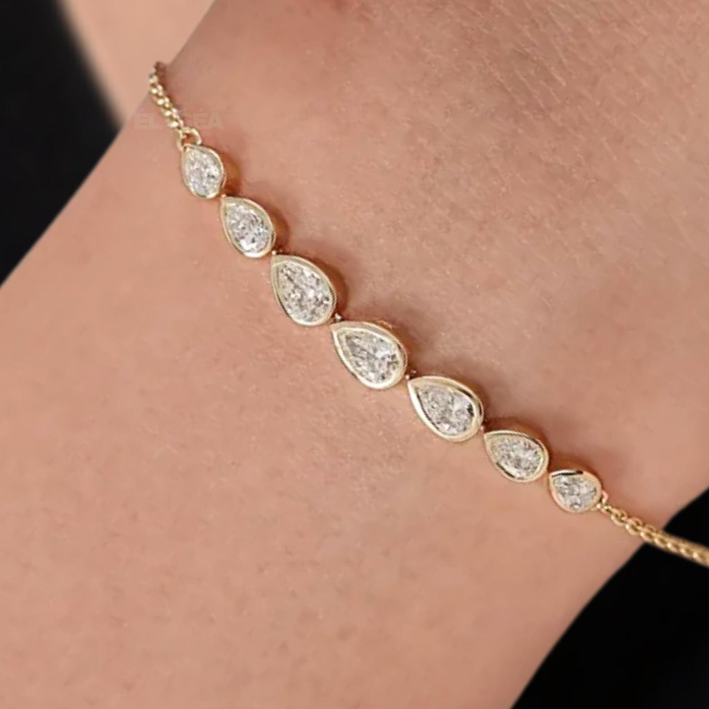 Bezel Set Pear Lab Grown Diamond Bracelet: 14K Yellow Gold Wedding Jewelry