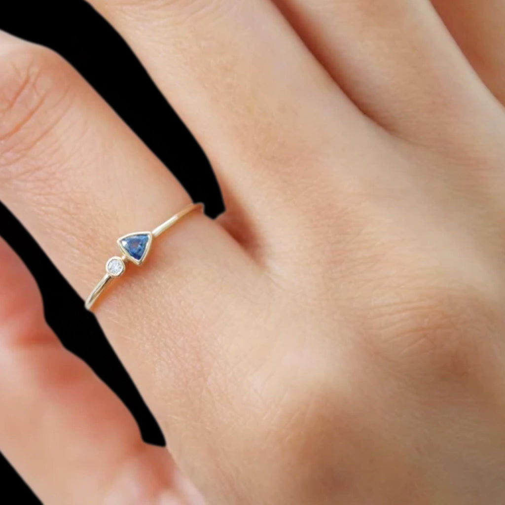 14K Gold Sapphire Engagement Ring | Minimalist Solid Gold Sapphire Ring | Trillion Cut Sapphire Jewelry