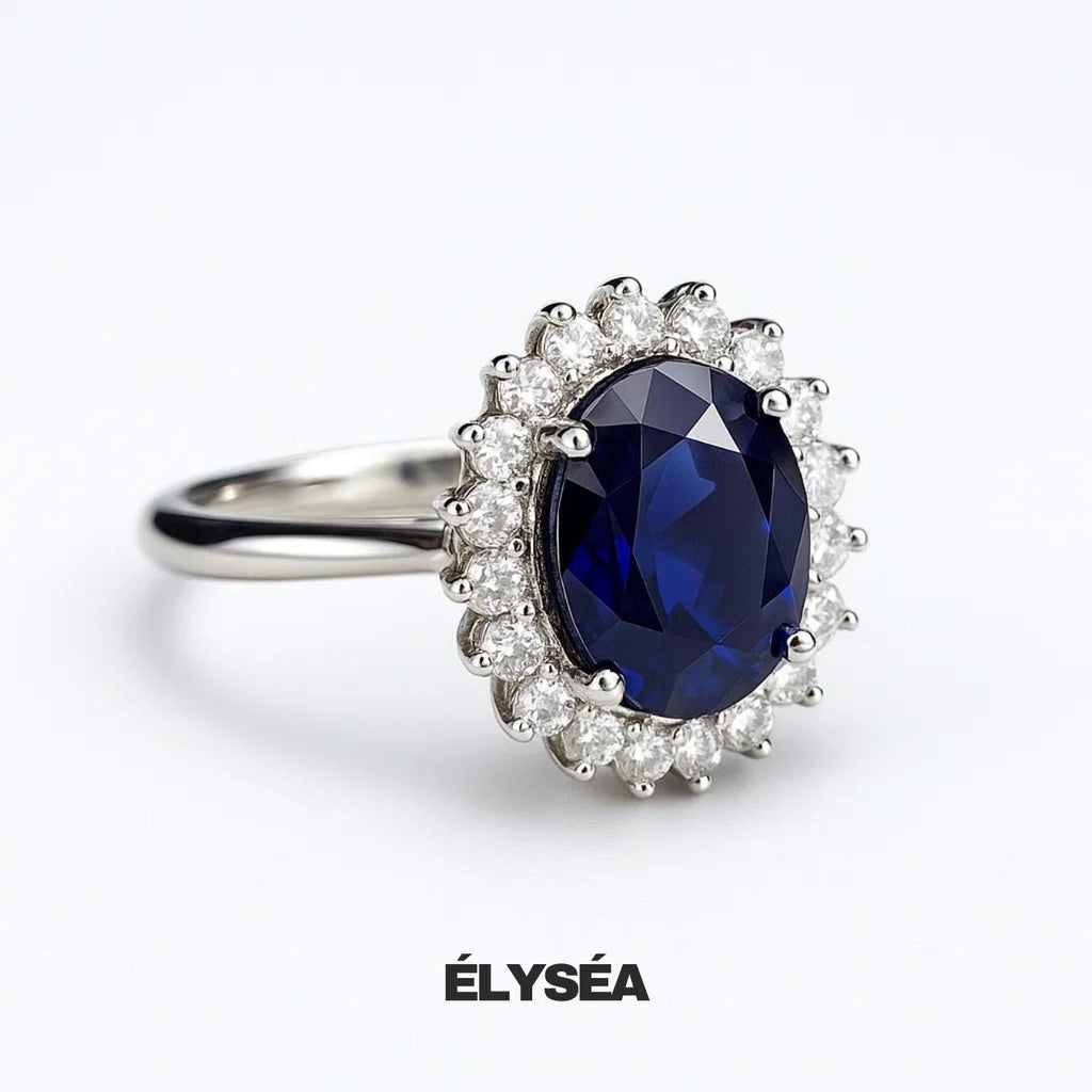 14k Gold Oval Blue Sapphire Engagement Ring : Lab Diamond Halo Bridal Ring