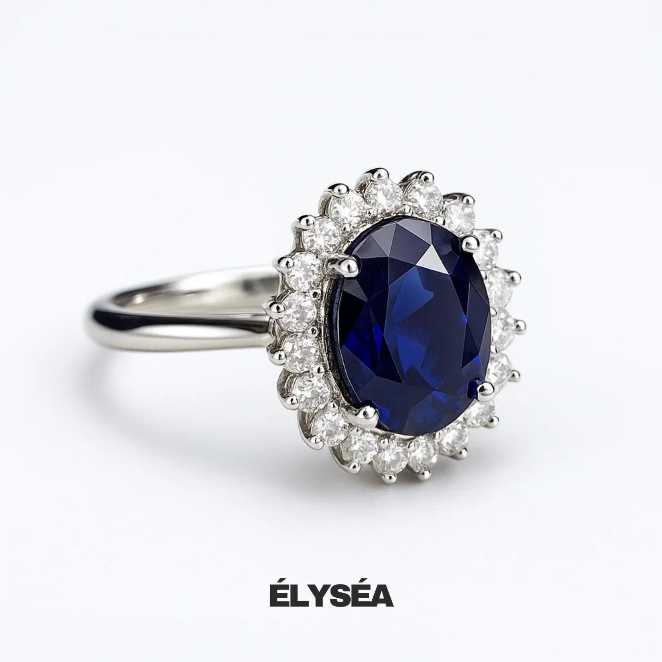 14k Gold Oval Blue Sapphire Engagement Ring : Lab Diamond Halo Bridal Ring