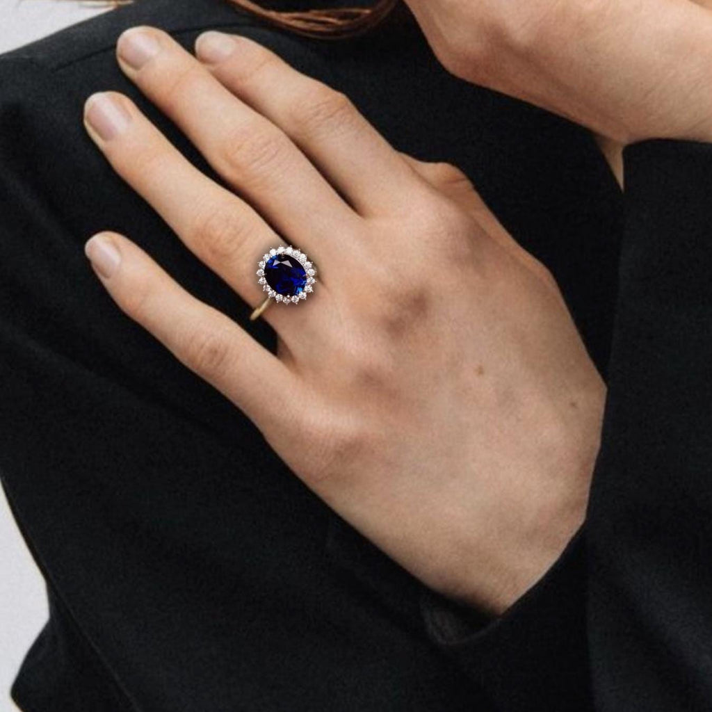 14k Gold Oval Blue Sapphire Engagement Ring : Lab Diamond Halo Bridal Ring