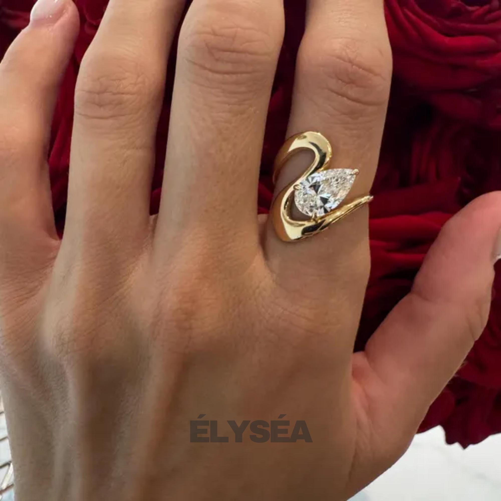 Eco Friendly Lab Grown Diamond Solitaire Wedding Ring, 14K Gold Curved Proposal Ring For Women