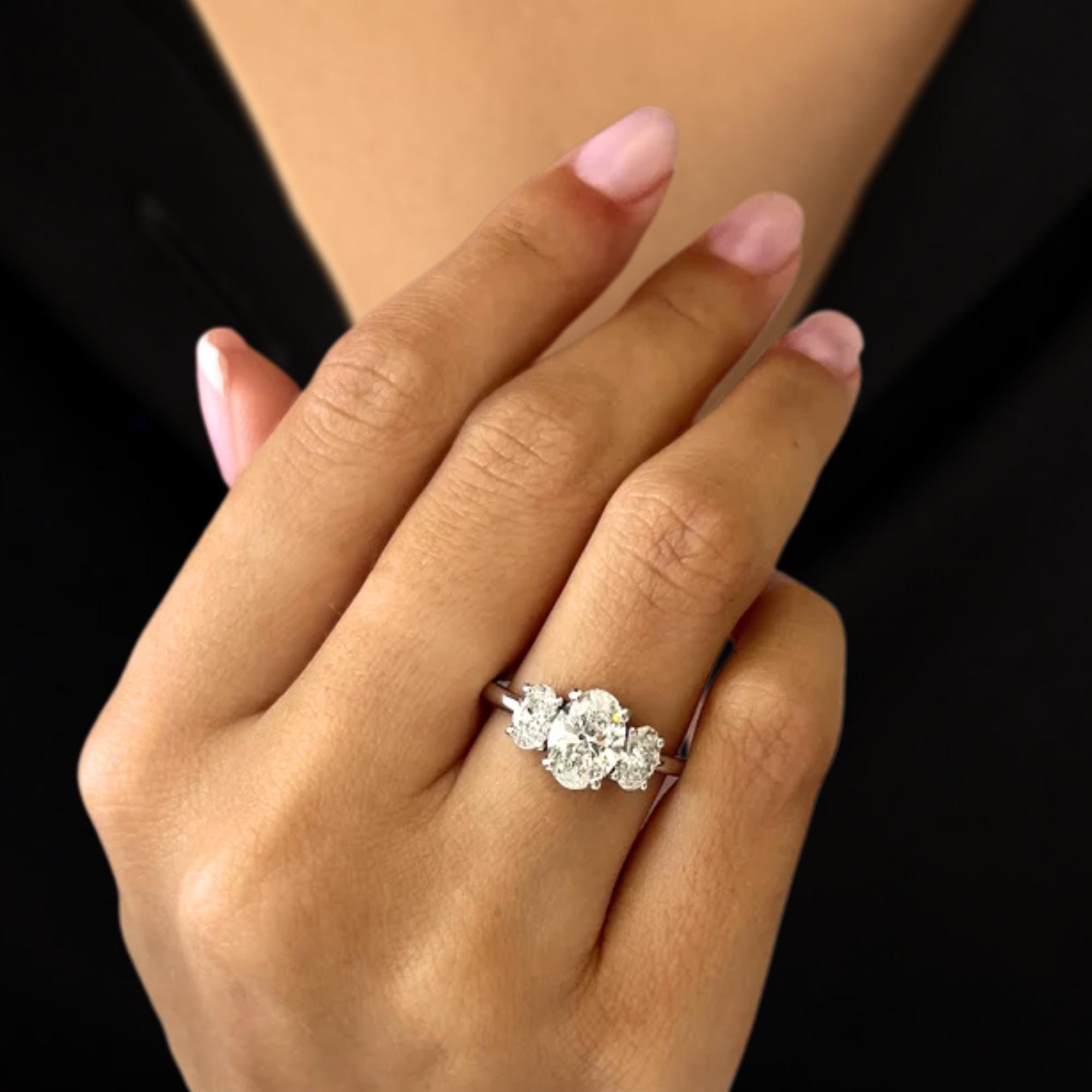 14K Gold Oval Shape Lab Grown Diamond Three Stone Engagement Ring
