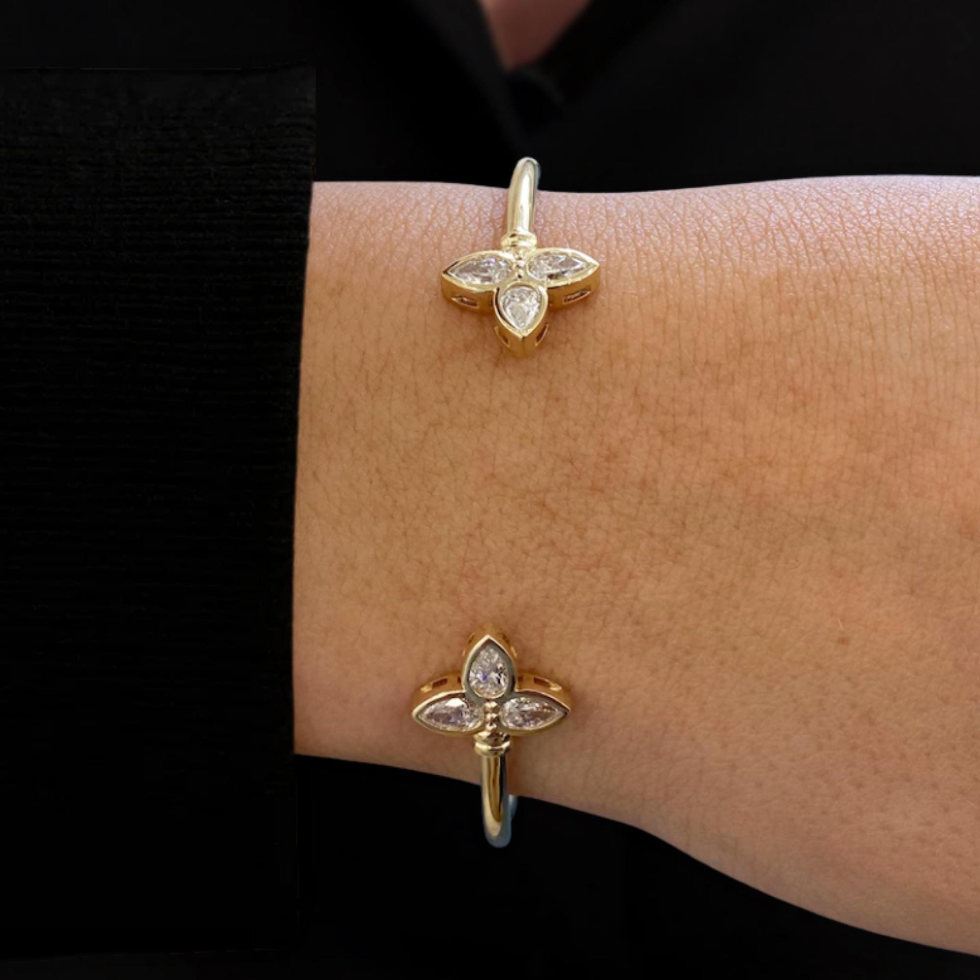 Lab Created Diamond Cuff Style Bangle Bracelet, F/VS1 Pear Cut, 14K Yellow Gold Bezel Set