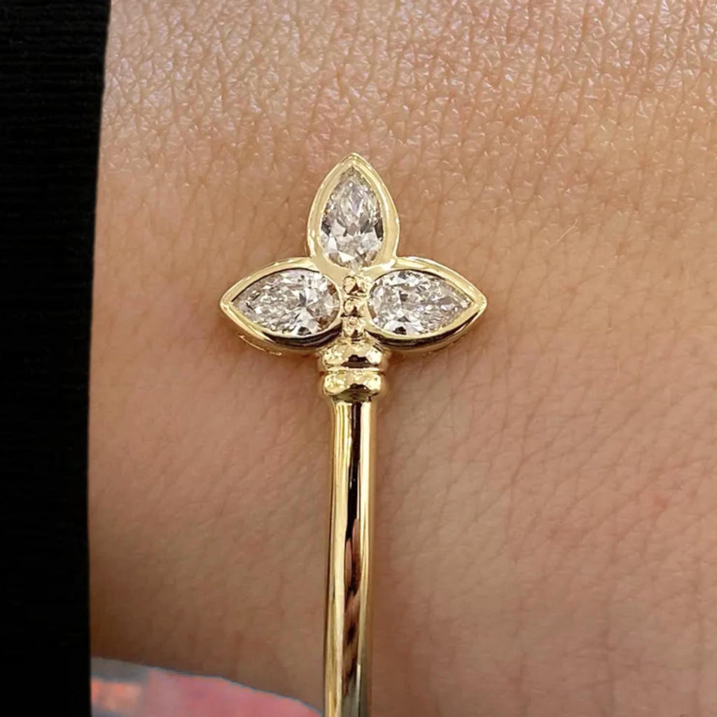 Lab Created Diamond Cuff Style Bangle Bracelet, F/VS1 Pear Cut, 14K Yellow Gold Bezel Set