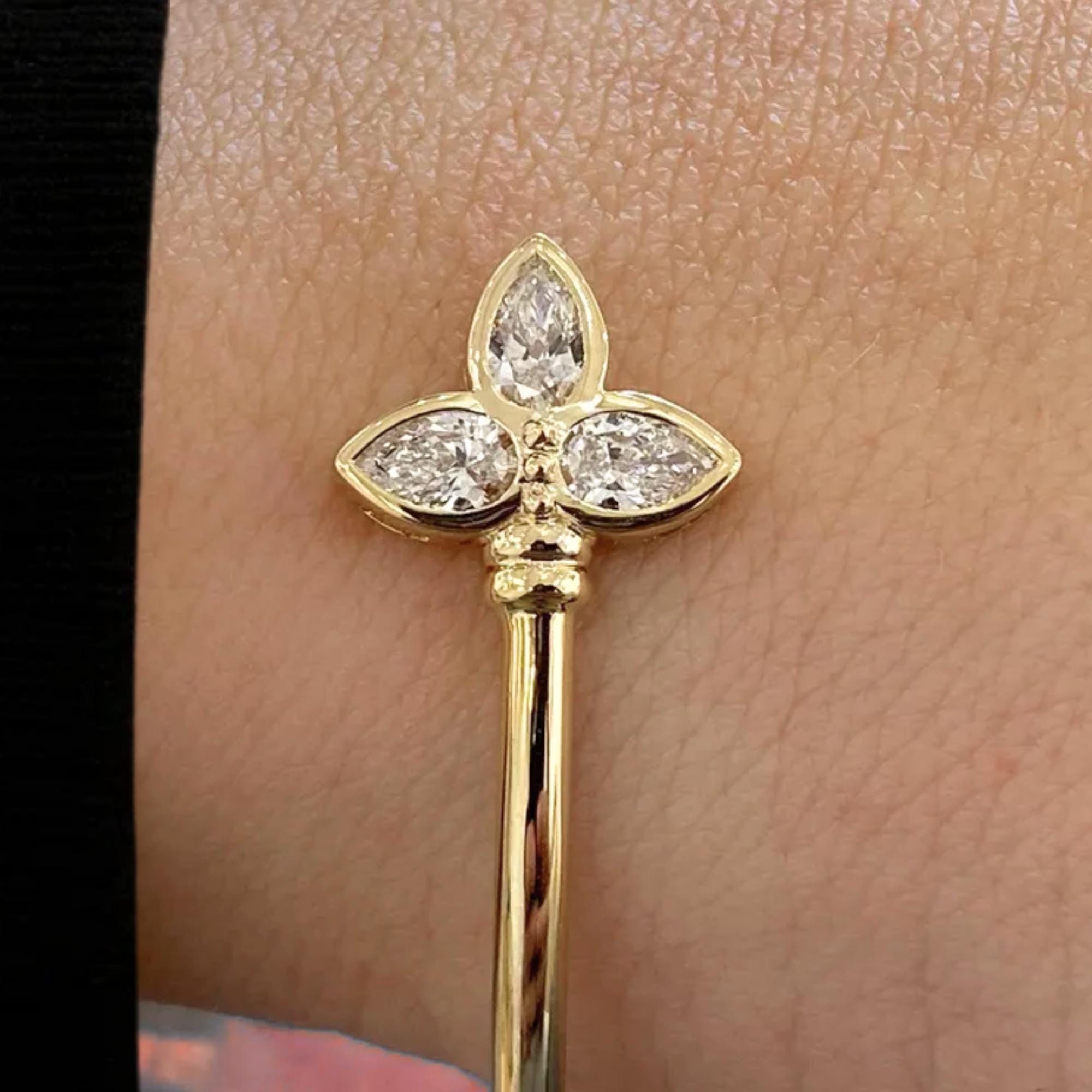 Lab Created Diamond Cuff Style Bangle Bracelet, F/VS1 Pear Cut, 14K Yellow Gold Bezel Set
