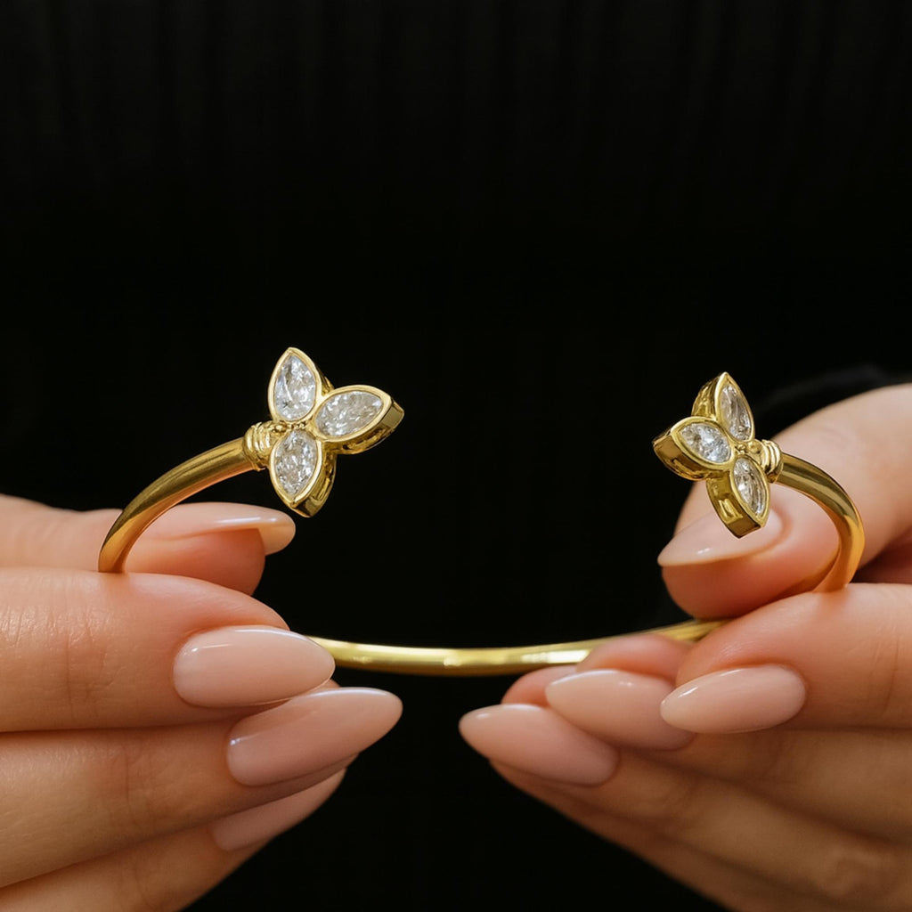 Lab Created Diamond Cuff Style Bangle Bracelet, F/VS1 Pear Cut, 14K Yellow Gold Bezel Set