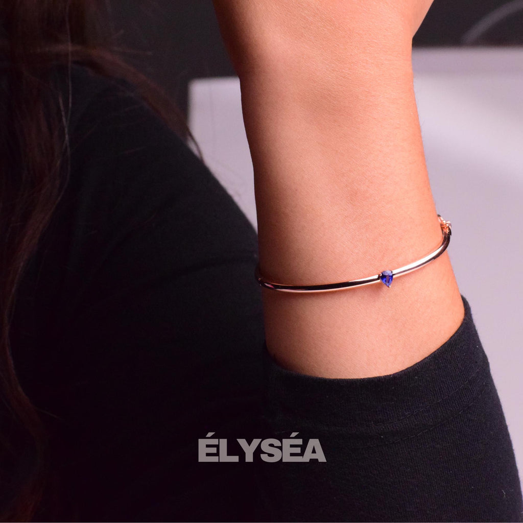 14K Gold Minimalist Bracelet, Pear Shape Solitaire Sapphire Bangle Bracelet, Tear Drop Bracelet Bangle, Birthday Gift