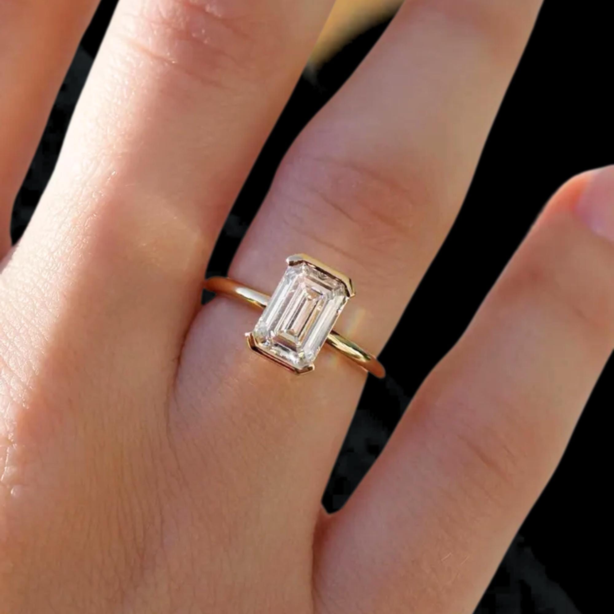 3 Carat Emerald Cut Lab Grown Diamond Engagement Ring | 14K Gold Half Bezel | IGI Certified