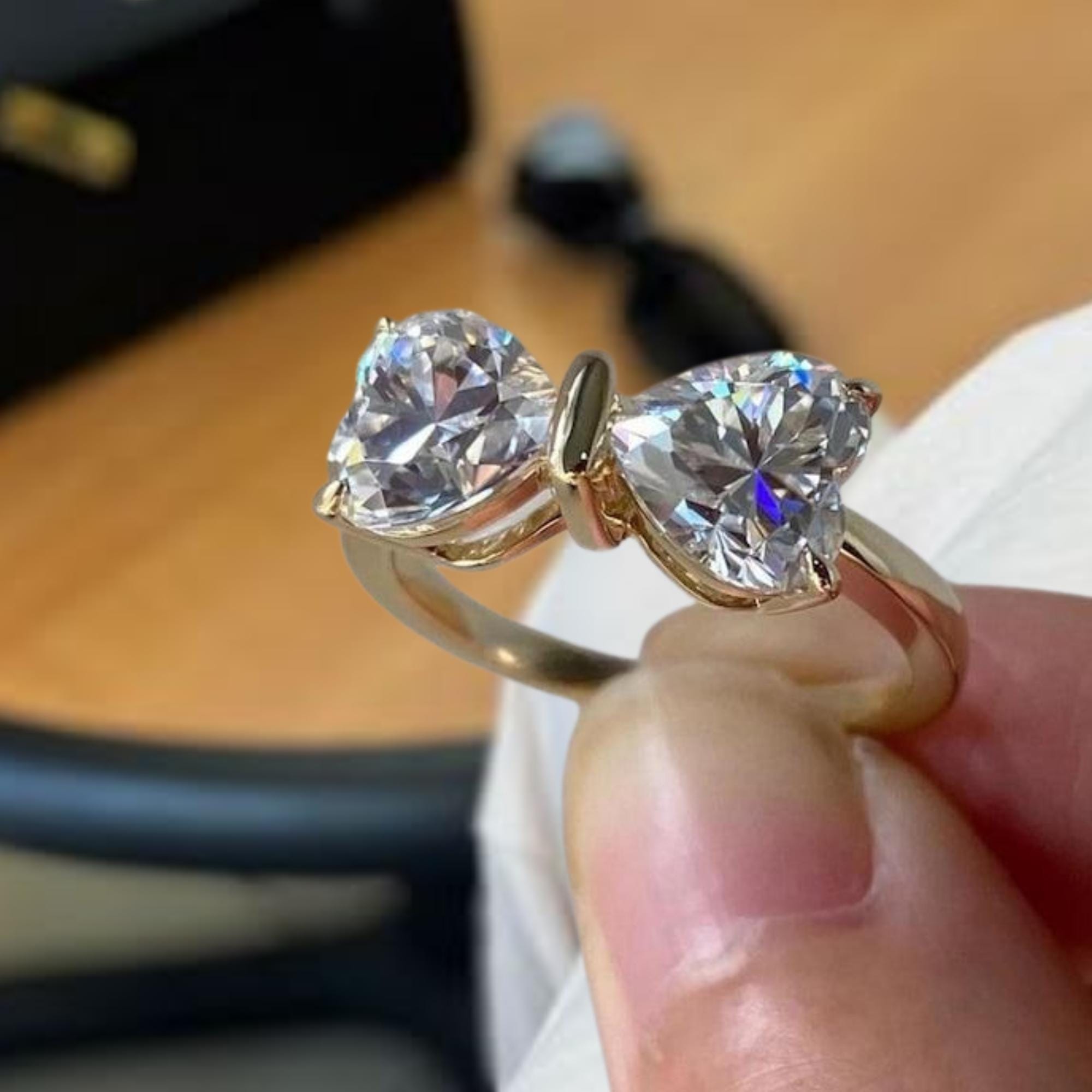 Amazing Bow Diamond Ring, Lab Heart Diamond Engagement Ring In 14K Yellow Gold Band
