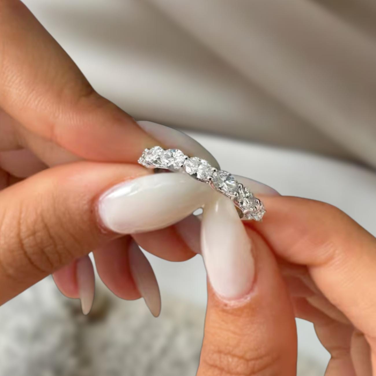 14K Gold Oval Cut Lab Diamond Half Eternity Wedding Band