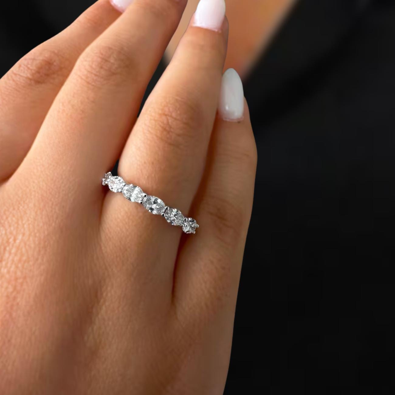 14K Gold Oval Cut Lab Diamond Half Eternity Wedding Band
