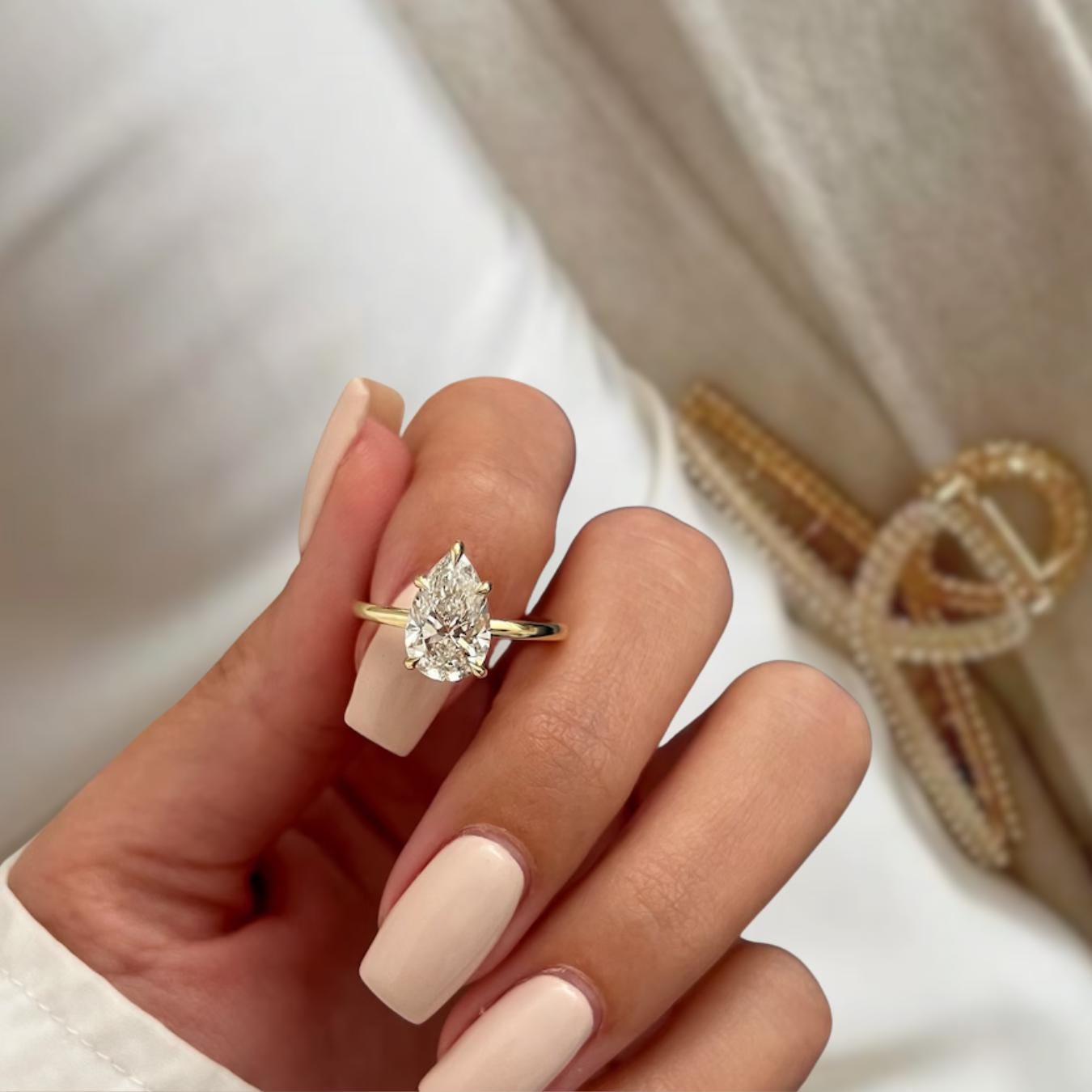 2 Carat Pear Cut Lab Grown Engagement Diamond Ring | 2 CT Solitaire Ring | 14K Gold Thin Dainty Ring