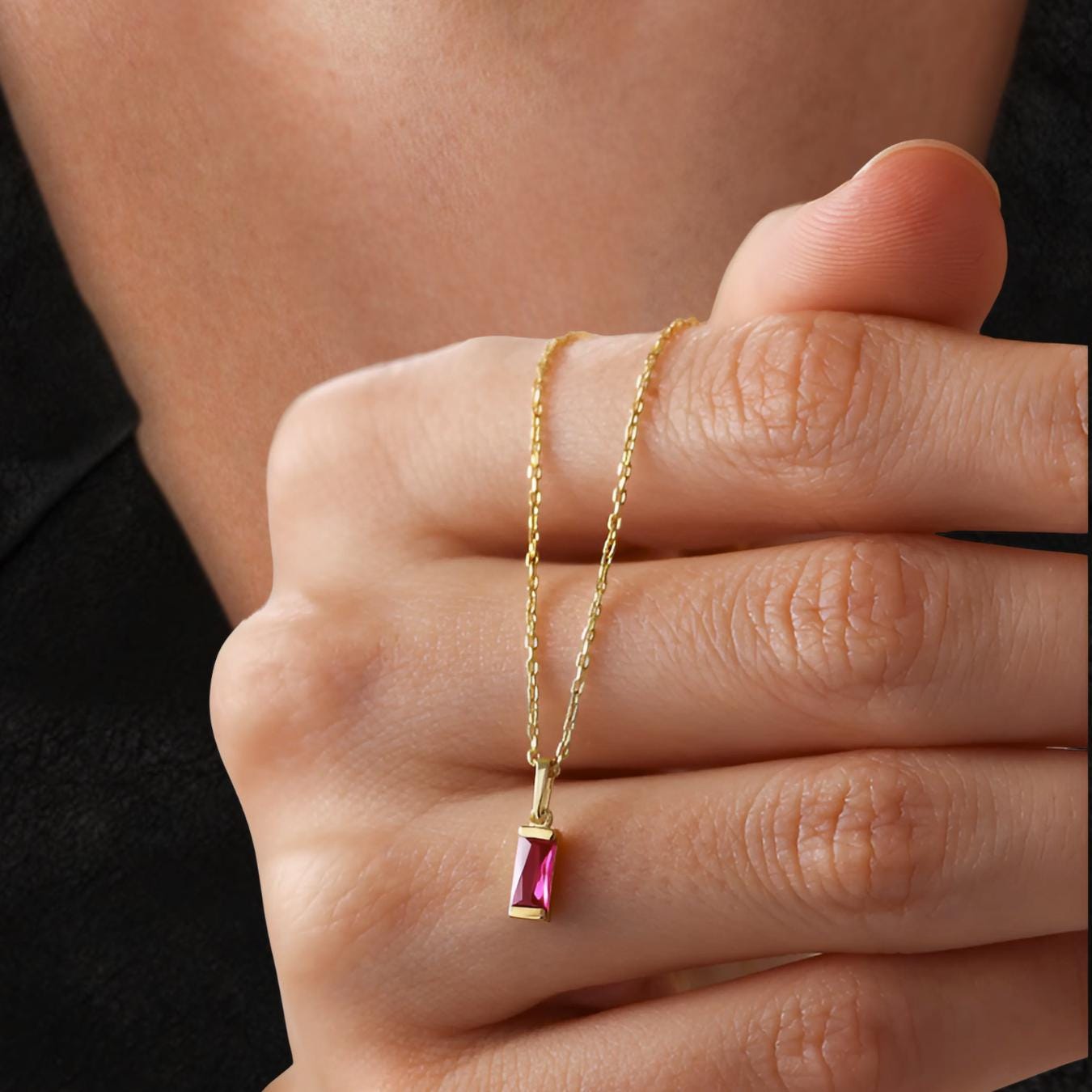 14k Solid Gold Dainty Ruby Baguette Pendant Necklace
